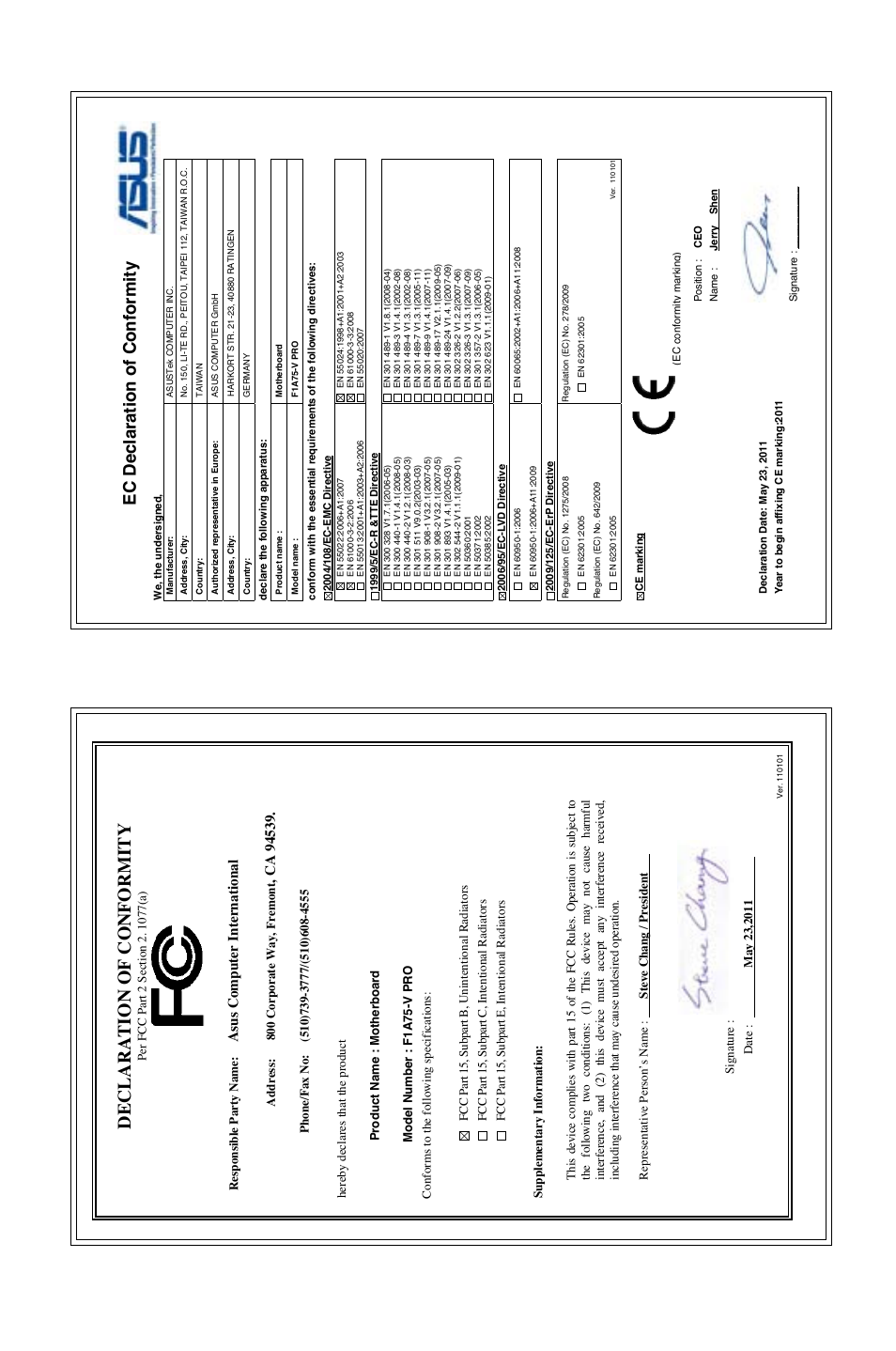 Declaration of conformity, Ec declaration of conformity, Asu s c om pu te r i nt er na tio na l | Asus F1A75-V PRO User Manual | Page 124 / 124