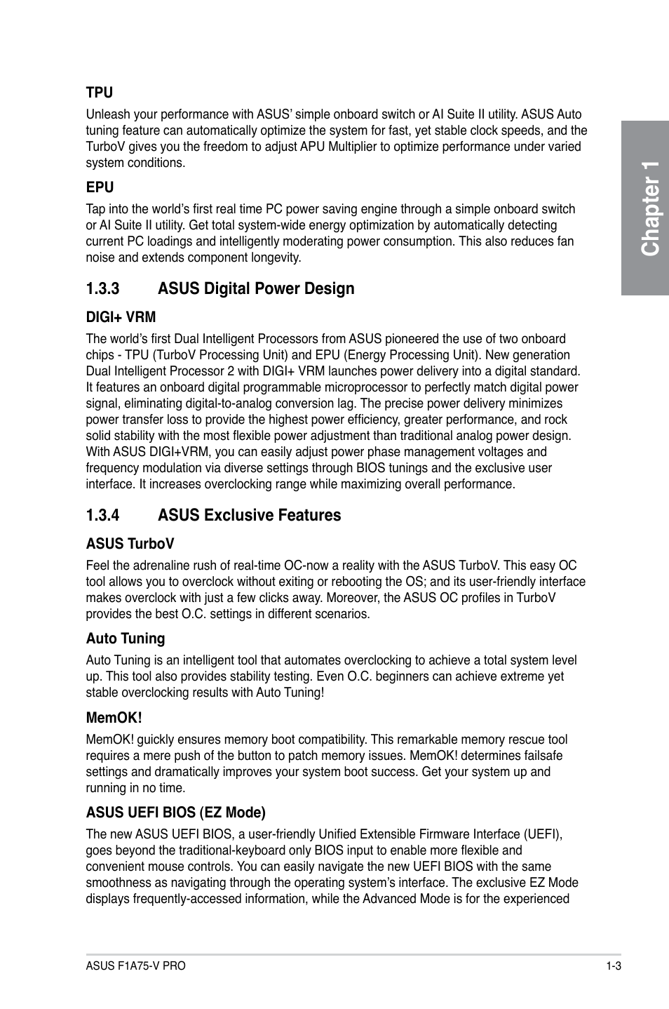 3 asus digital power design, 4 asus exclusive features, Asus digital power design -3 | Asus exclusive features -3, Chapter 1 | Asus F1A75-V PRO User Manual | Page 17 / 124