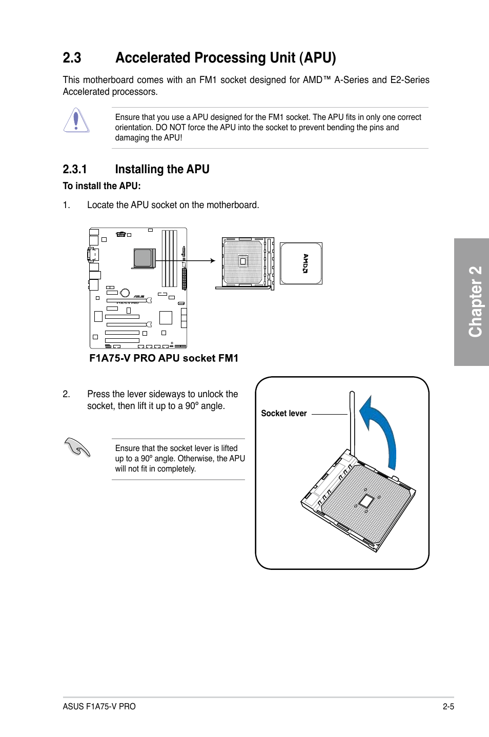 3 accelerated processing unit (apu), 1 installing the apu, Accelerated processing unit (apu) -5 | Installing the apu -5, Chapter 2 | Asus F1A75-V PRO User Manual | Page 25 / 124