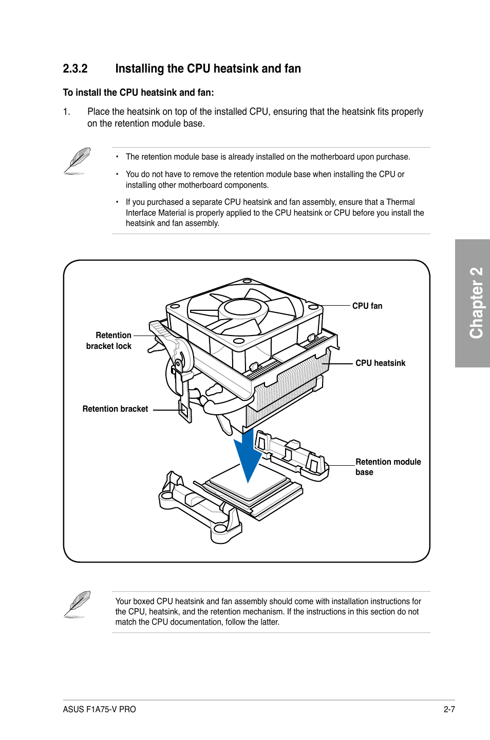 2 installing the cpu heatsink and fan, Installing the cpu heatsink and fan -7, Chapter 2 | Asus F1A75-V PRO User Manual | Page 27 / 124