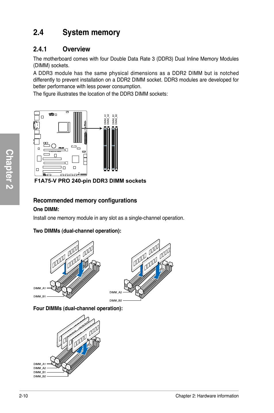 4 system memory, 1 overview, System memory -10 | Overview -10, Chapter 2 | Asus F1A75-V PRO User Manual | Page 30 / 124