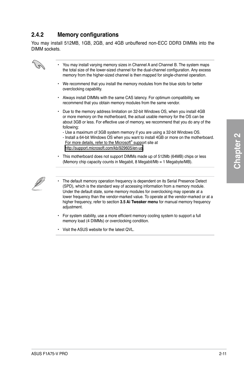 2 memory configurations, Memory configurations -11, Chapter 2 | Asus F1A75-V PRO User Manual | Page 31 / 124