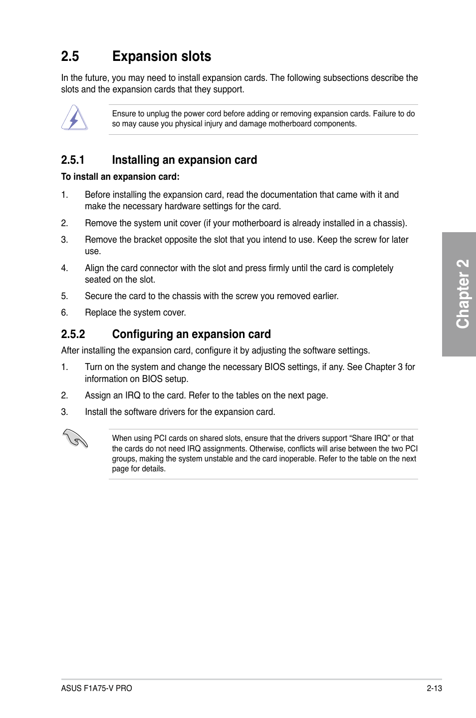 5 expansion slots, 1 installing an expansion card, 2 configuring an expansion card | Expansion slots -13, Installing an expansion card -13, Configuring an expansion card -13, Chapter 2 | Asus F1A75-V PRO User Manual | Page 33 / 124