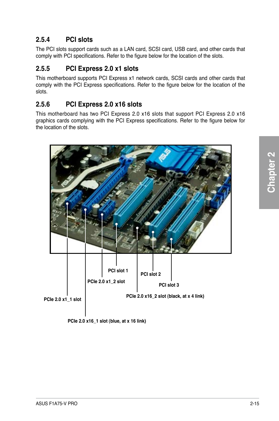 4 pci slots, 5 pci express 2.0 x1 slots, 6 pci express 2.0 x16 slots | Pci slots -15, Pci express 2.0 x1 slots -15, Pci express 2.0 x16 slots -15, Chapter 2 | Asus F1A75-V PRO User Manual | Page 35 / 124