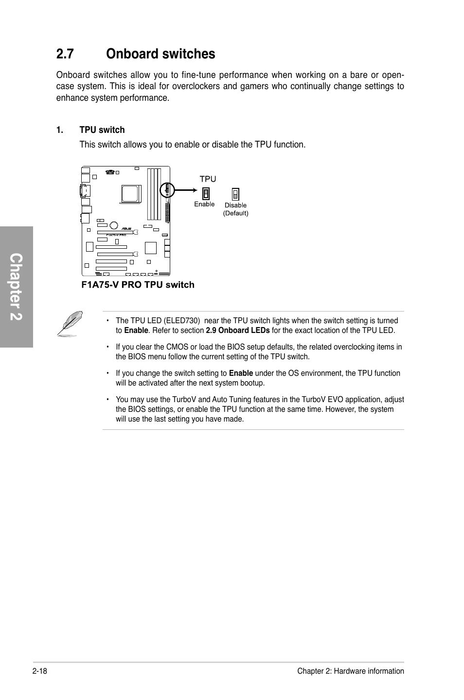 7 onboard switches, Onboard switches -18, Chapter 2 | Asus F1A75-V PRO User Manual | Page 38 / 124