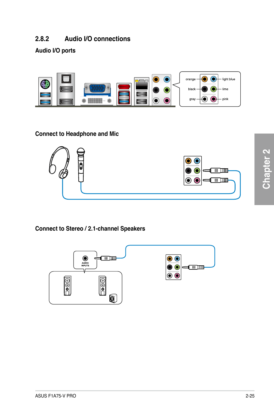 2 audio i/o connections, Audio i/o connections -25, Chapter 2 | Asus F1A75-V PRO User Manual | Page 45 / 124