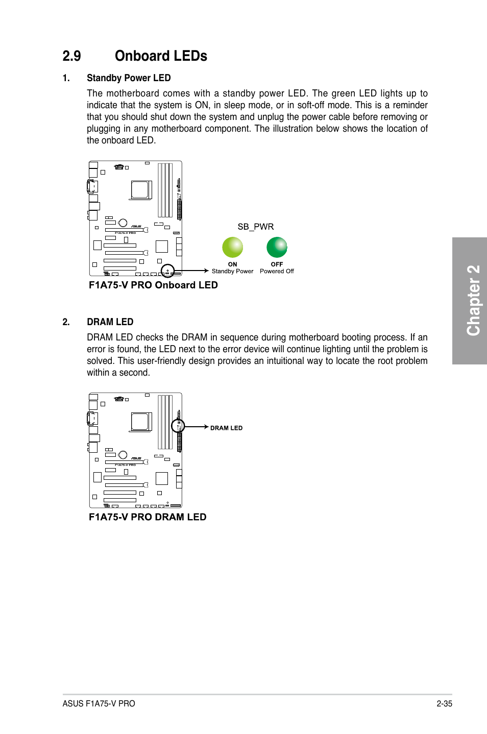 9 onboard leds, Onboard leds -35, Chapter 2 | Asus F1A75-V PRO User Manual | Page 55 / 124