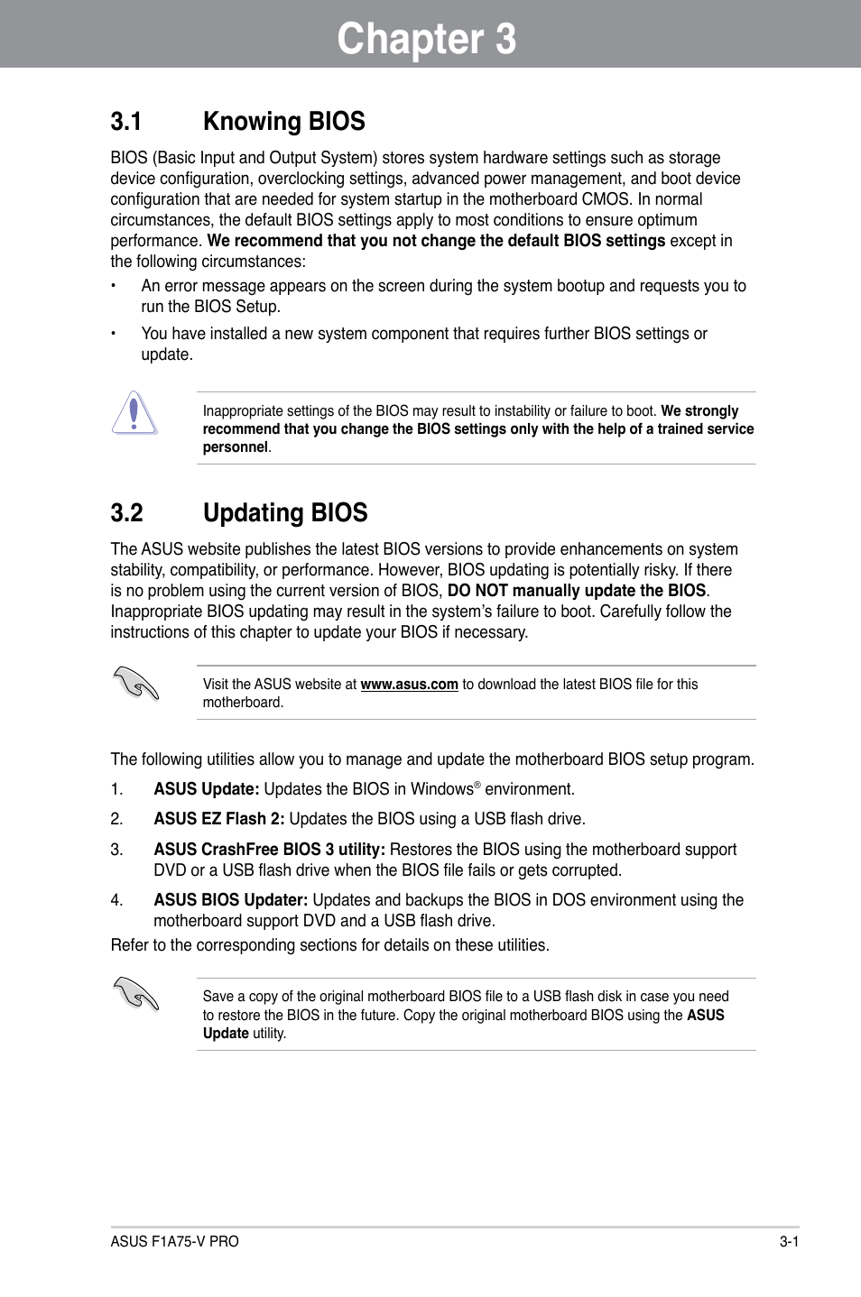 Chapter 3: bios setup, 1 knowing bios, 2 updating bios | Chapter 3, Bios setup, Knowing bios -1, Updating bios -1 | Asus F1A75-V PRO User Manual | Page 59 / 124