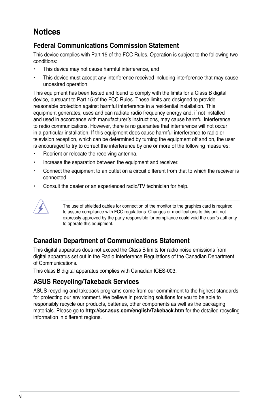 Notices, Federal communications commission statement, Canadian department of communications statement | Asus recycling/takeback services | Asus F1A75-V PRO User Manual | Page 6 / 124