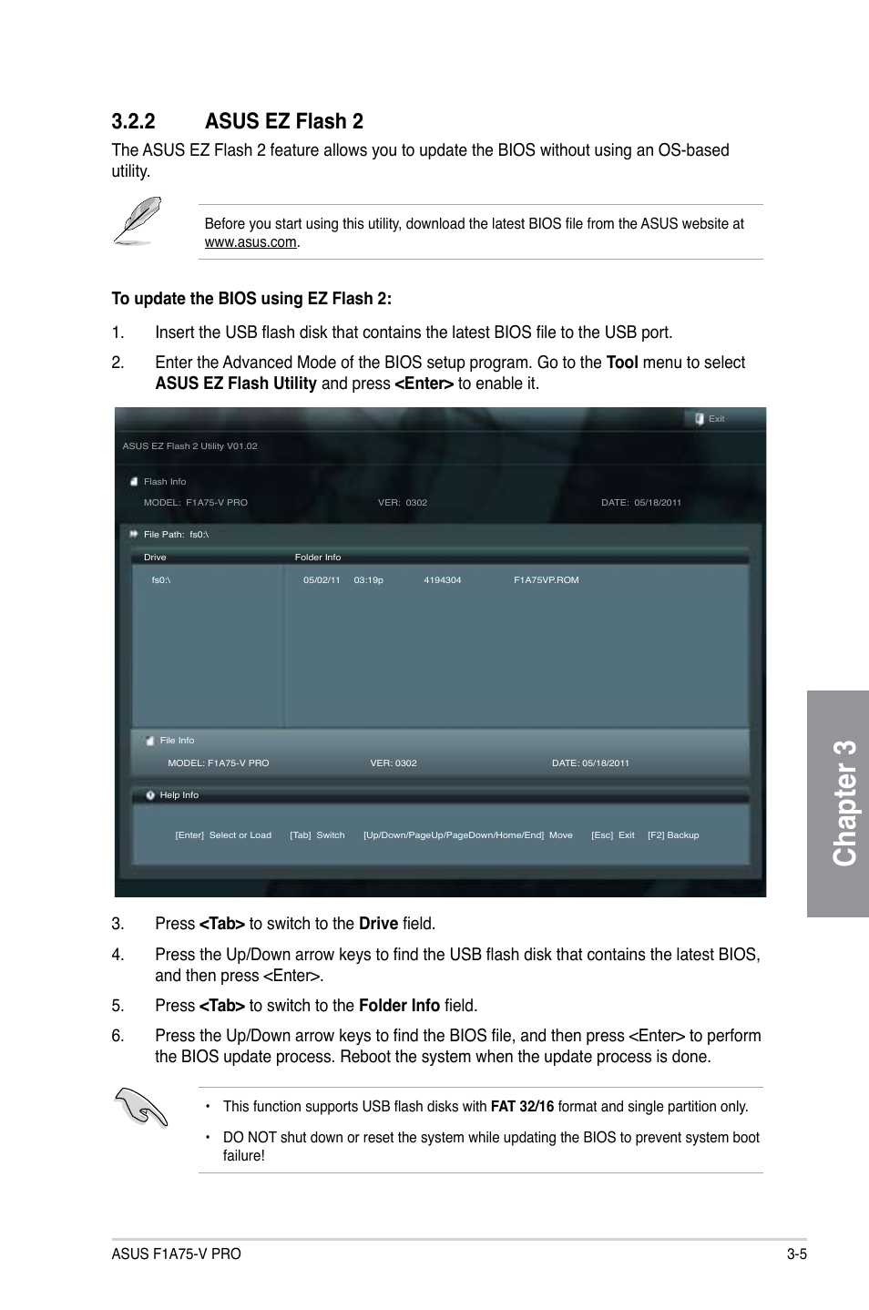 2 asus ez flash 2, Asus ez flash 2 -5, Chapter 3 | Asus F1A75-V PRO User Manual | Page 63 / 124