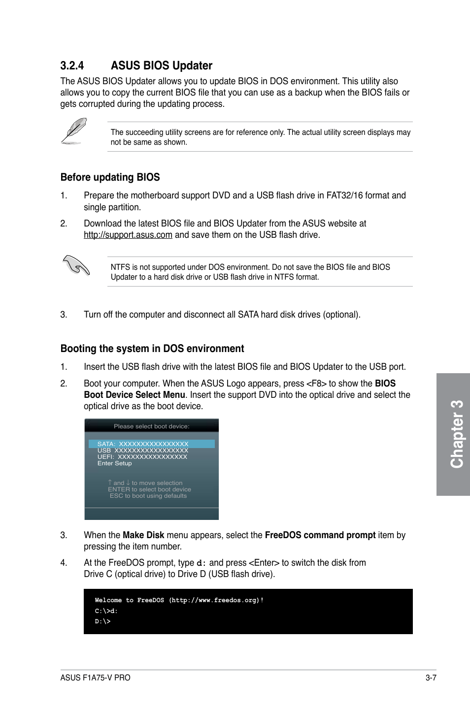 4 asus bios updater, Asus bios updater -7, Chapter 3 | Before updating bios, Booting the system in dos environment | Asus F1A75-V PRO User Manual | Page 65 / 124