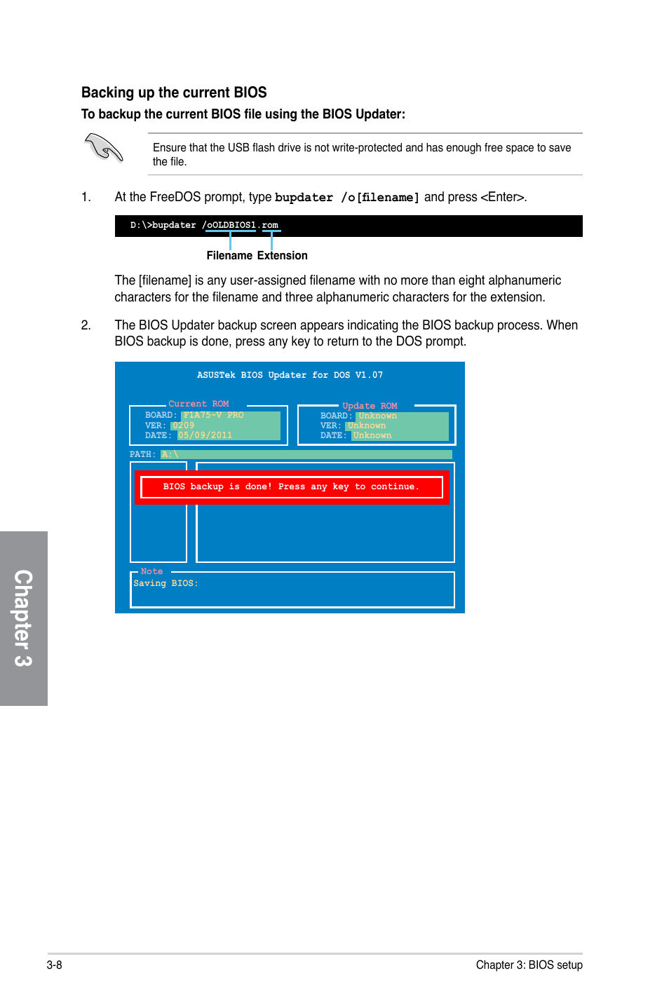 Chapter 3, Backing up the current bios | Asus F1A75-V PRO User Manual | Page 66 / 124