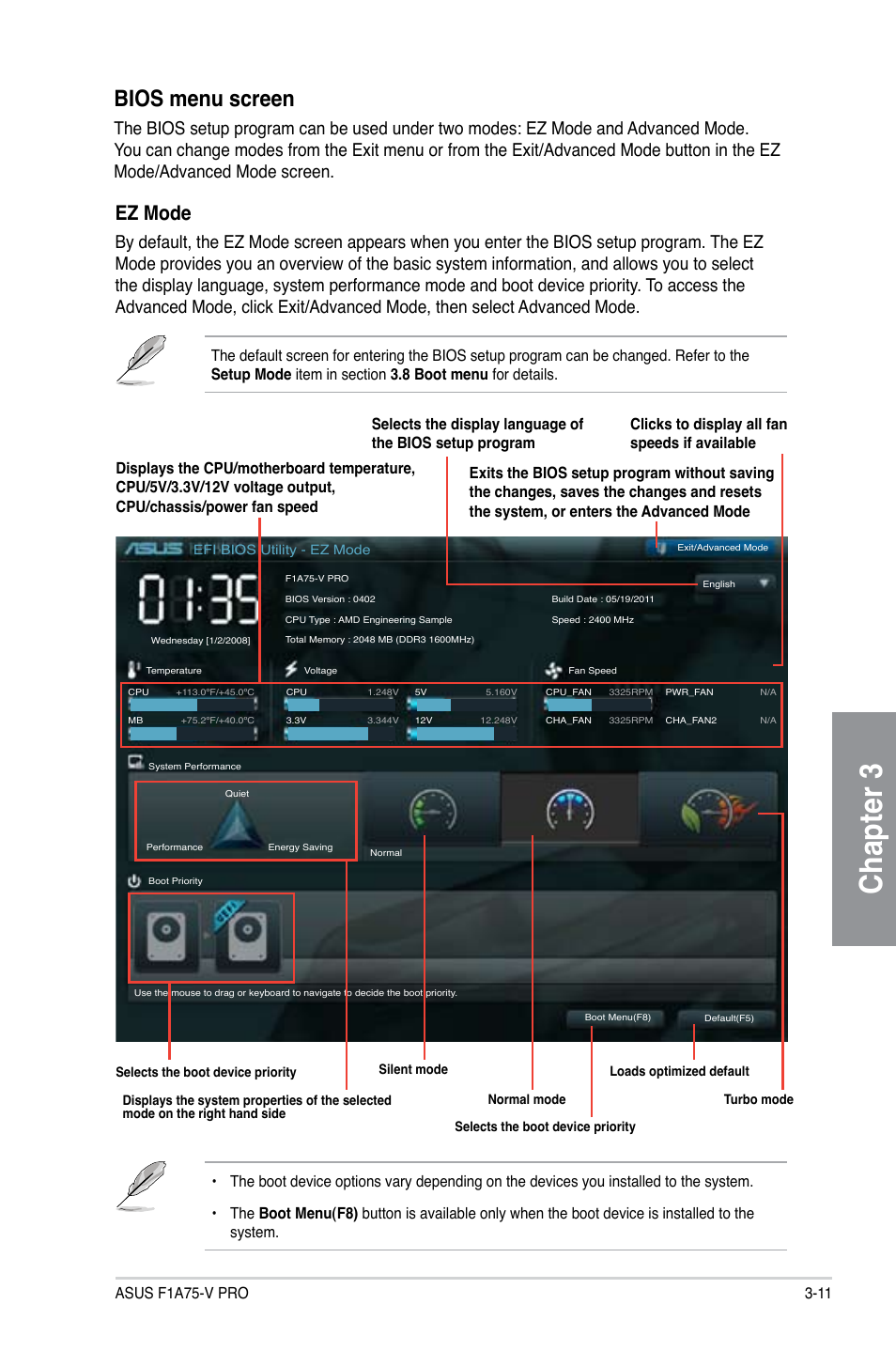 Chapter 3, Bios menu screen, Ez mode | Clicks to display all fan speeds if available | Asus F1A75-V PRO User Manual | Page 69 / 124