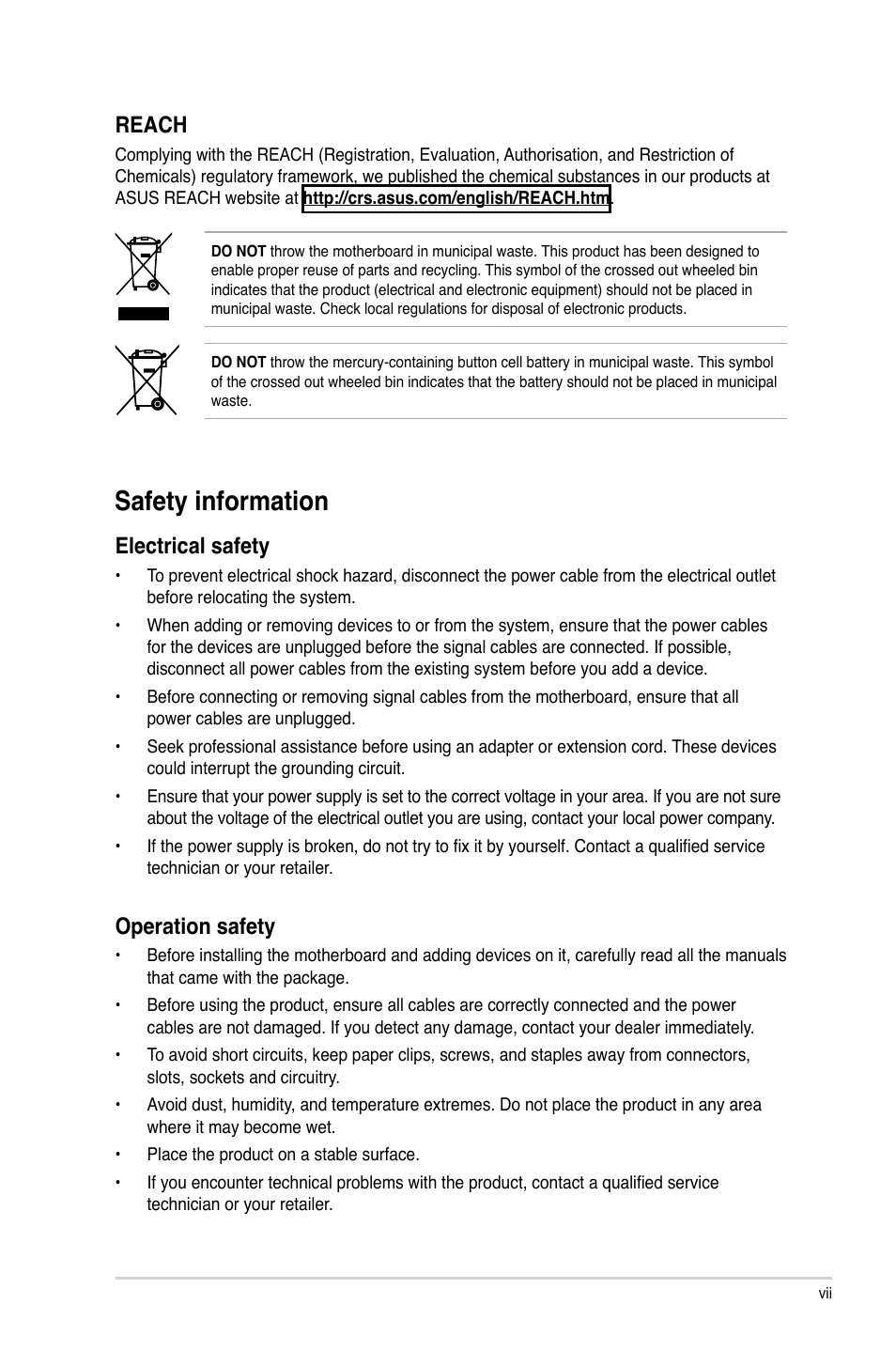 Safety information, Electrical safety, Operation safety | Reach | Asus F1A75-V PRO User Manual | Page 7 / 124