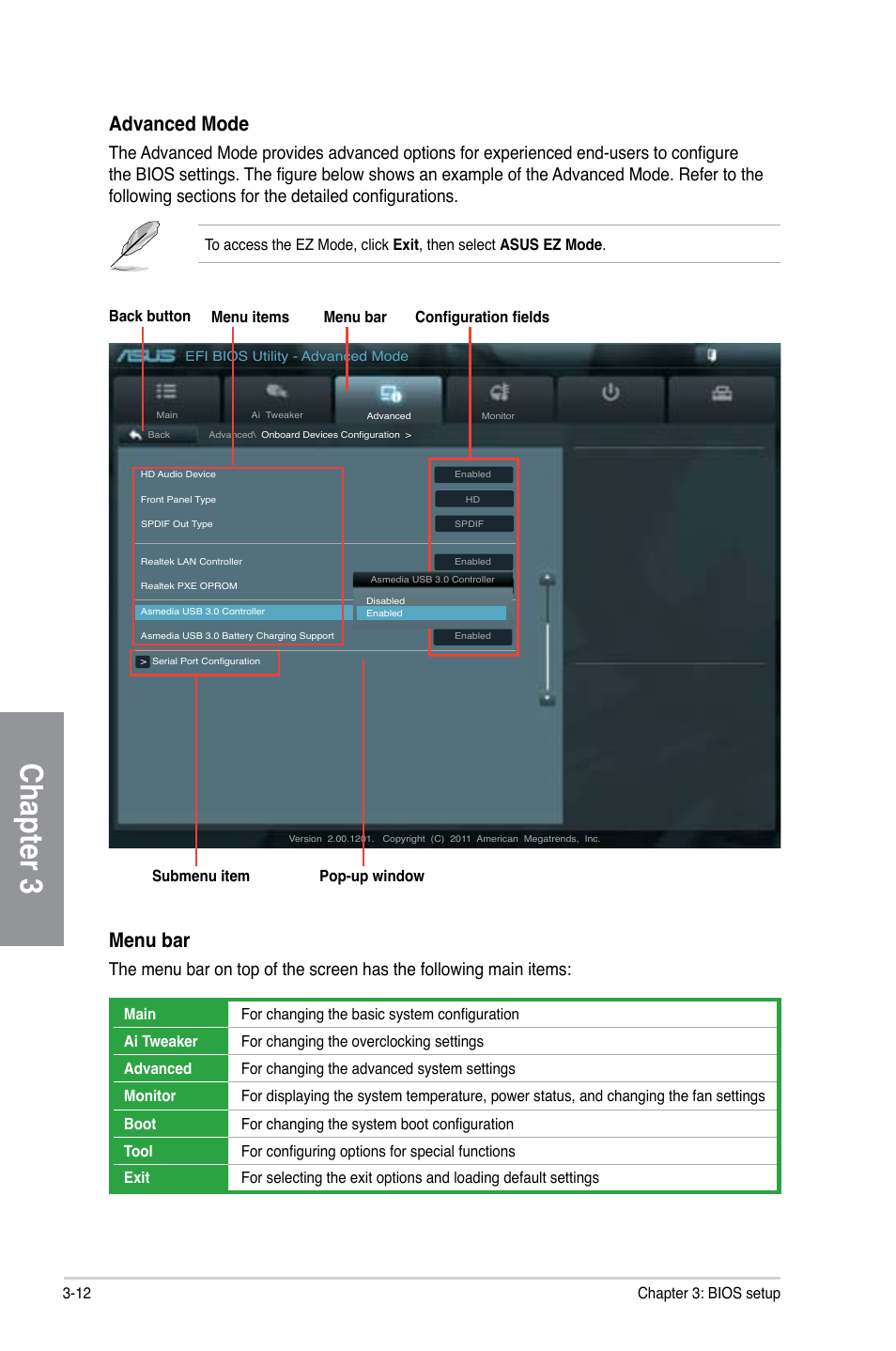 Chapter 3, Advanced mode, Menu bar | Asus F1A75-V PRO User Manual | Page 70 / 124