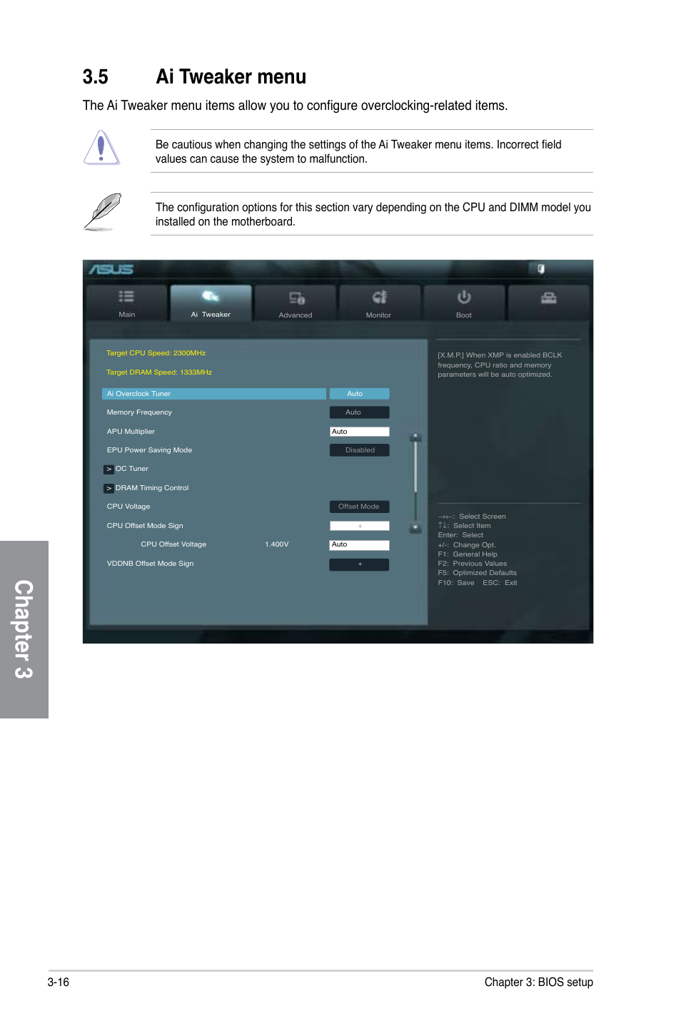 5 ai tweaker menu, Ai tweaker menu -16, Chapter 3 | 16 chapter 3: bios setup | Asus F1A75-V PRO User Manual | Page 74 / 124