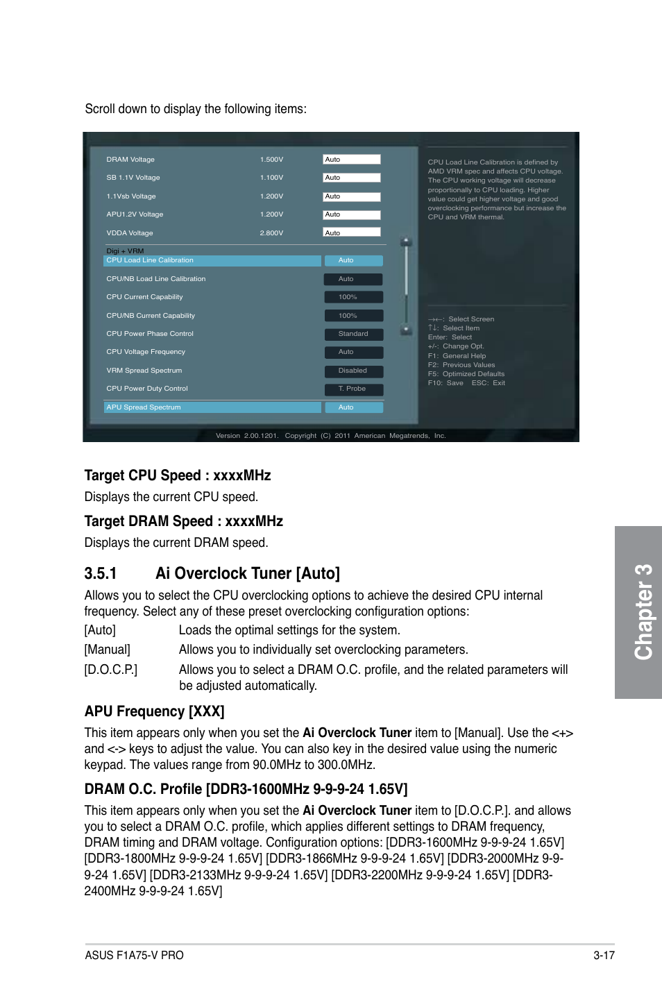 1 ai overclock tuner [auto, Ai overclock tuner [auto] -17, Chapter 3 | Apu frequency [xxx, Scroll down to display the following items, Displays the current cpu speed, Displays the current dram speed | Asus F1A75-V PRO User Manual | Page 75 / 124