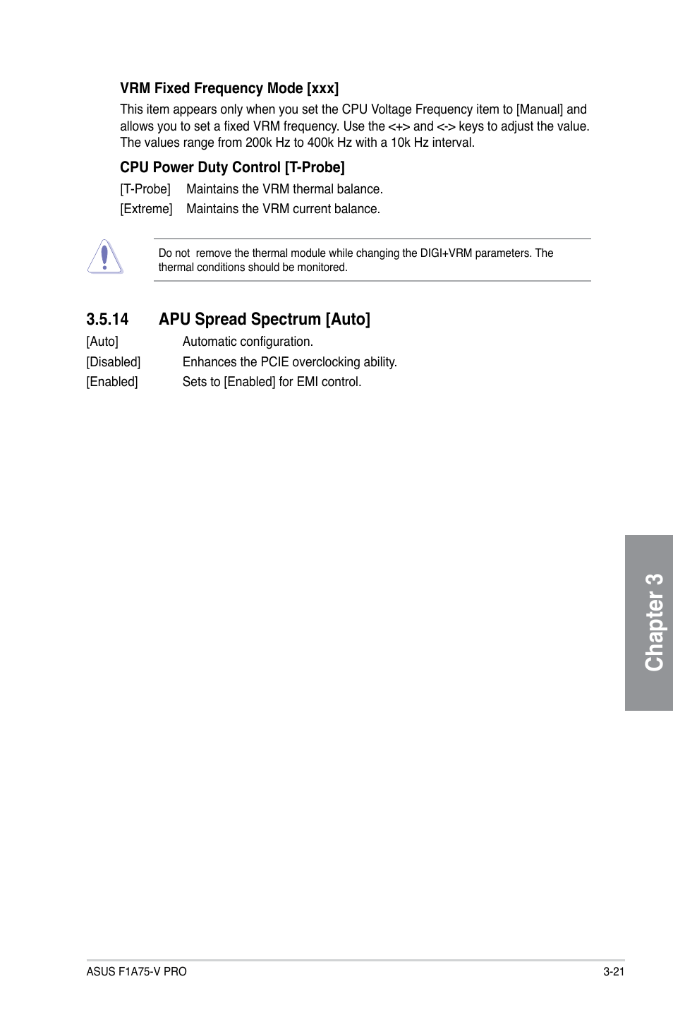 14 apu spread spectrum [auto, 14 apu spread spectrum [auto] -21, Chapter 3 | Asus F1A75-V PRO User Manual | Page 79 / 124