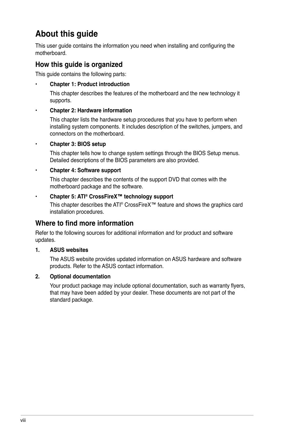 About this guide, How this guide is organized, Where to find more information | Asus F1A75-V PRO User Manual | Page 8 / 124