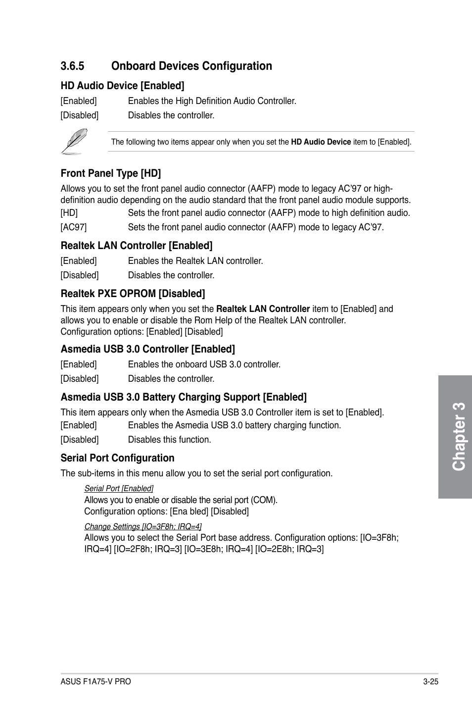 5 onboard devices configuration, Onboard devices configuration -25, Chapter 3 | Asus F1A75-V PRO User Manual | Page 83 / 124