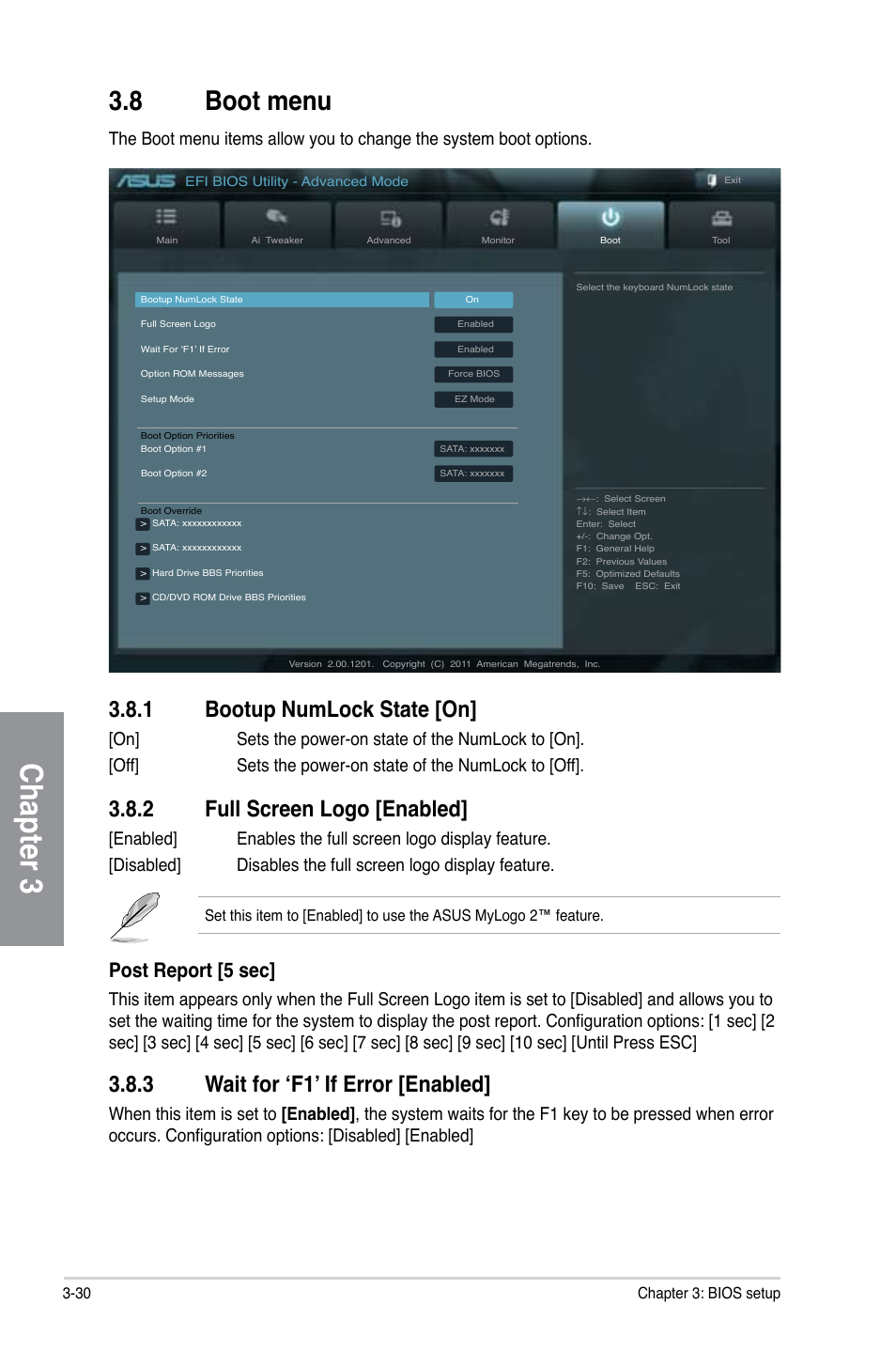 8 boot menu, 1 bootup numlock state [on, 2 full screen logo [enabled | 3 wait for ‘f1’ if error [enabled, Boot menu -30, Bootup numlock state [on] -30, Full screen logo [enabled] -30, Wait for ‘f1’ if error [enabled] -30, Chapter 3, Post report [5 sec | Asus F1A75-V PRO User Manual | Page 88 / 124