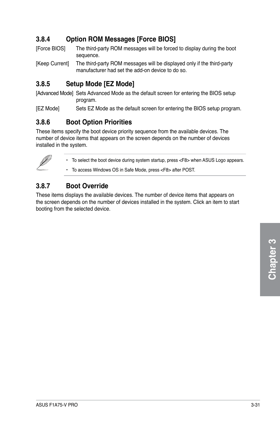 4 option rom messages [force bios, 5 setup mode [ez mode, 6 boot option priorities | 7 boot override, Option rom messages [force bios] -31, Setup mode [ez mode] -31, Boot option priorities -31, Boot override -31, Chapter 3 | Asus F1A75-V PRO User Manual | Page 89 / 124