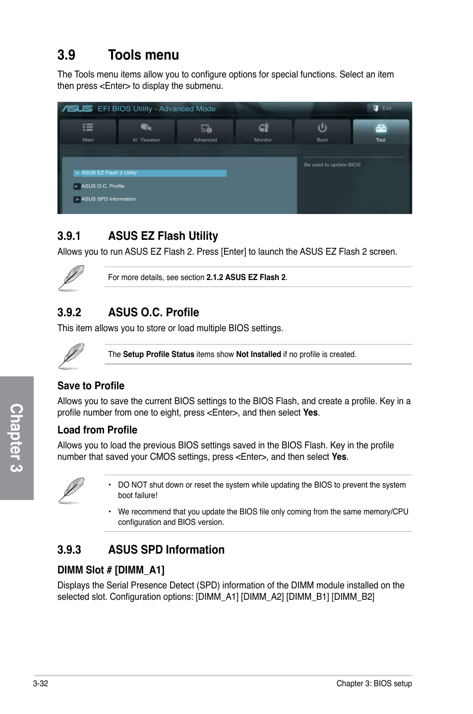 9 tools menu, 1 asus ez flash utility, 2 asus o.c. profile | 3 asus spd information, Tools menu -32, Asus ez flash utility -32, Asus o.c. profile -32, Asus spd information -32, Chapter 3, Save to profile | Asus F1A75-V PRO User Manual | Page 90 / 124