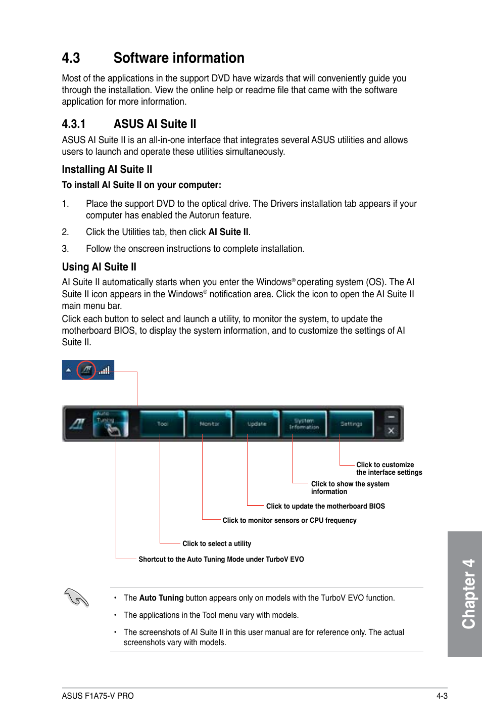 3 software information, 1 asus ai suite ii, Software information -3 | Asus ai suite ii -3, Chapter 4 | Asus F1A75-V PRO User Manual | Page 95 / 124