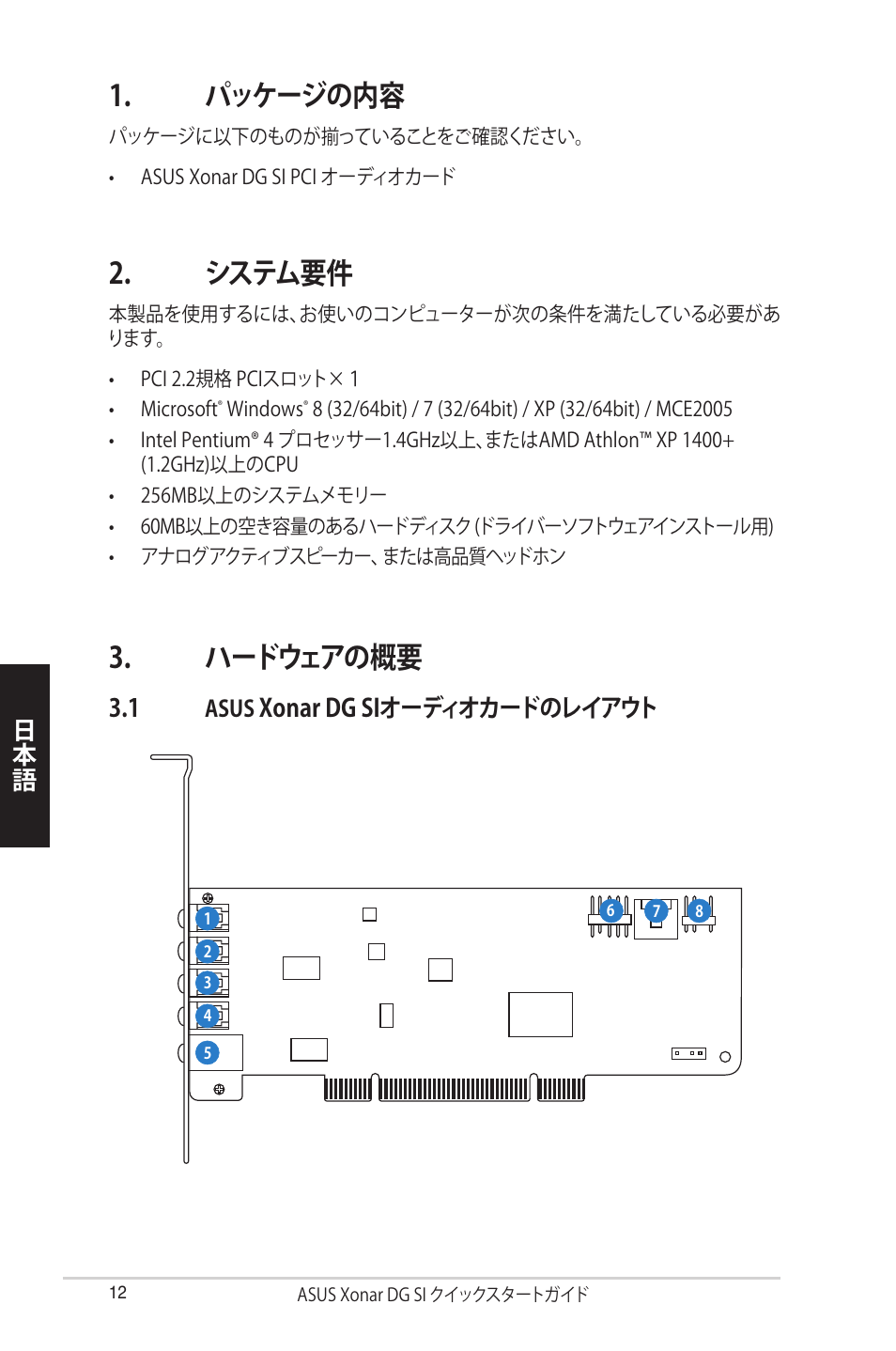 パッケージの内容, システム要件, ハードウェアの概要 | Xonar dg siオーディオカードのレイアウト | Asus Xonar DG SI User Manual | Page 12 / 23
