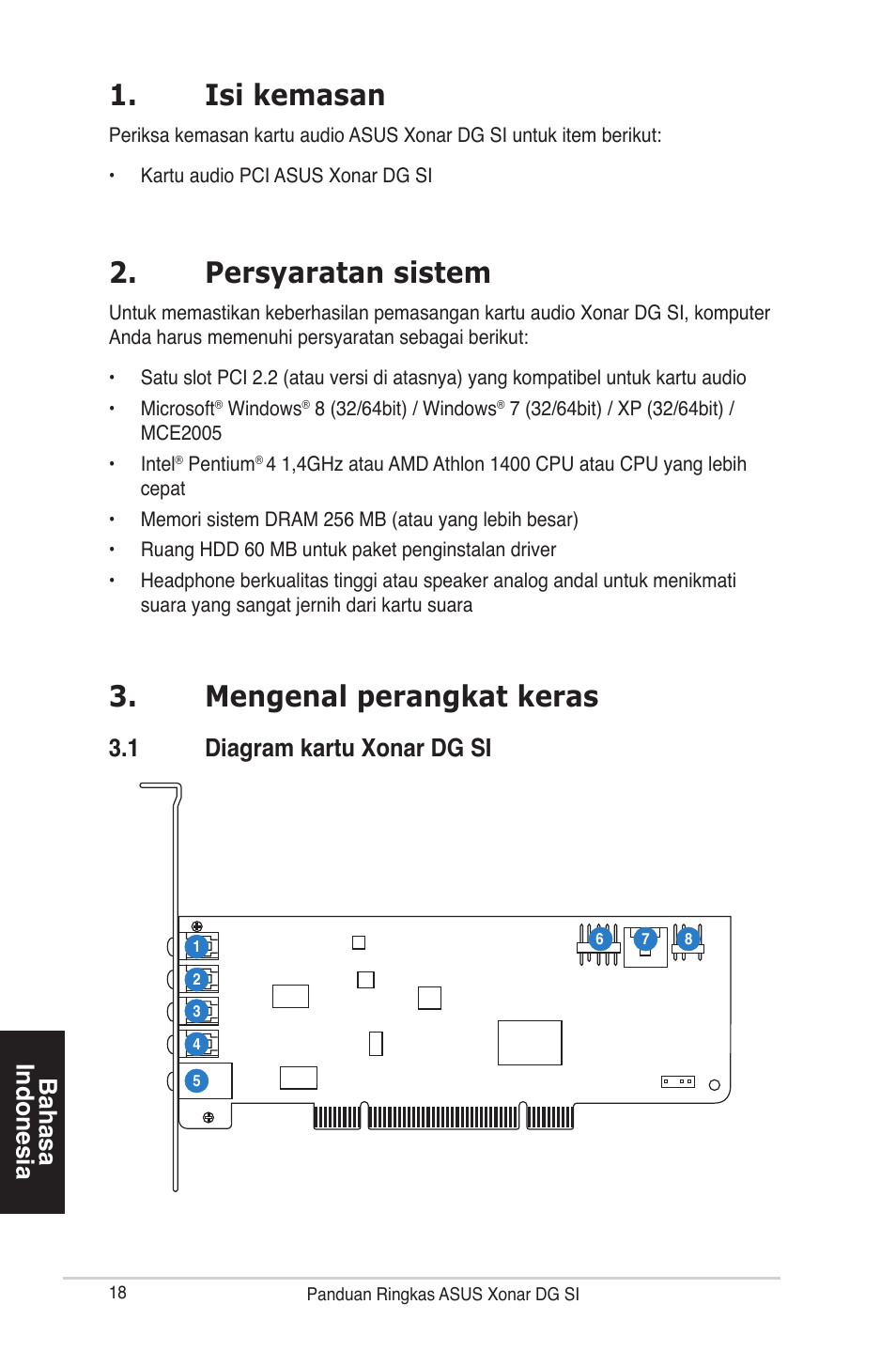 Isi kemasan, Persyaratan sistem, Mengenal perangkat keras | 1 diagram kartu xonar dg si | Asus Xonar DG SI User Manual | Page 18 / 23