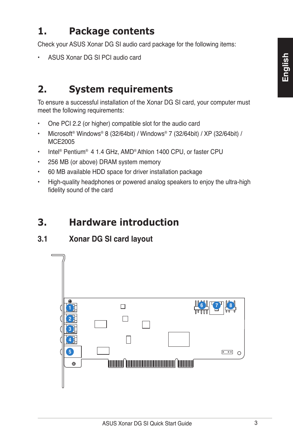 Package contents, System requirements, Hardware introduction | English, 1 xonar dg si card layout | Asus Xonar DG SI User Manual | Page 3 / 23