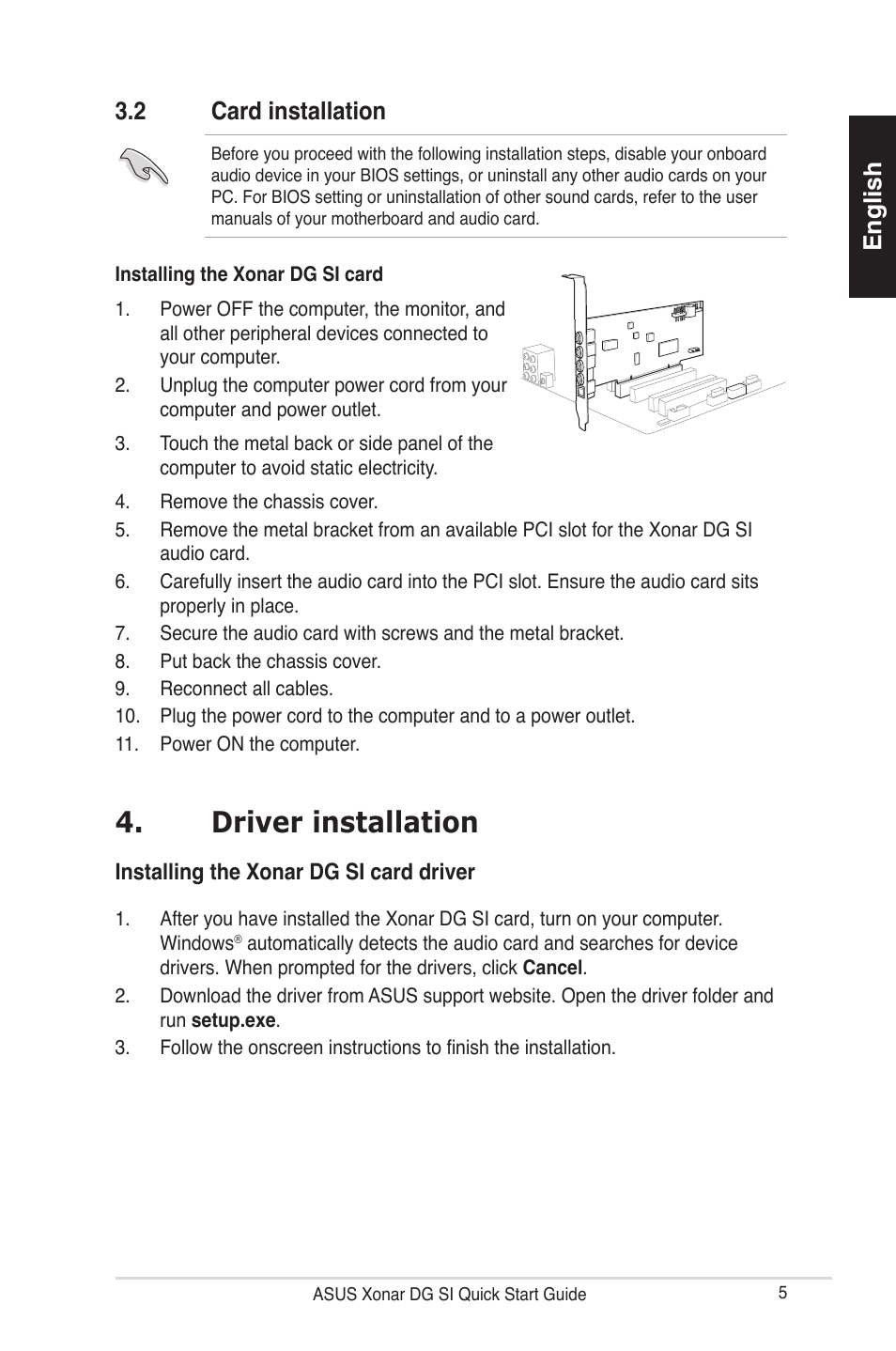 Driver installation, English, English 3.2 card installation | Asus Xonar DG SI User Manual | Page 5 / 23