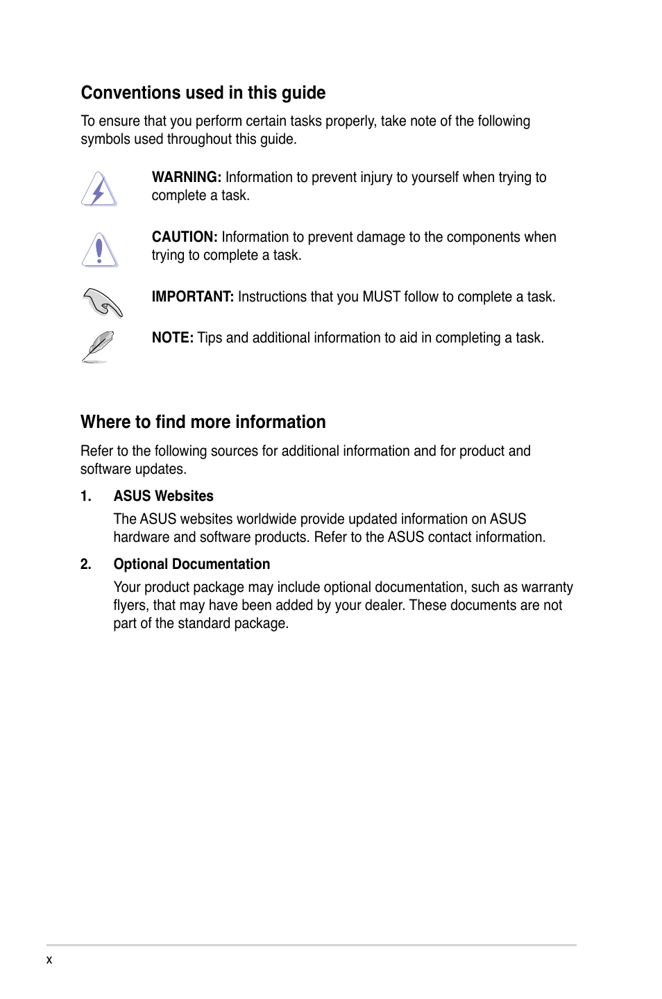 Conventions used in this guide, Where to find more information | Asus V4-P5G43 User Manual | Page 10 / 110