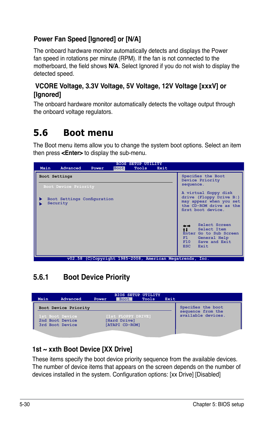 6 boot menu, 1 boot device priority, 1st ~ xxth boot device [xx drive | Power fan speed [ignored] or [n/a | Asus V4-P5G43 User Manual | Page 102 / 110