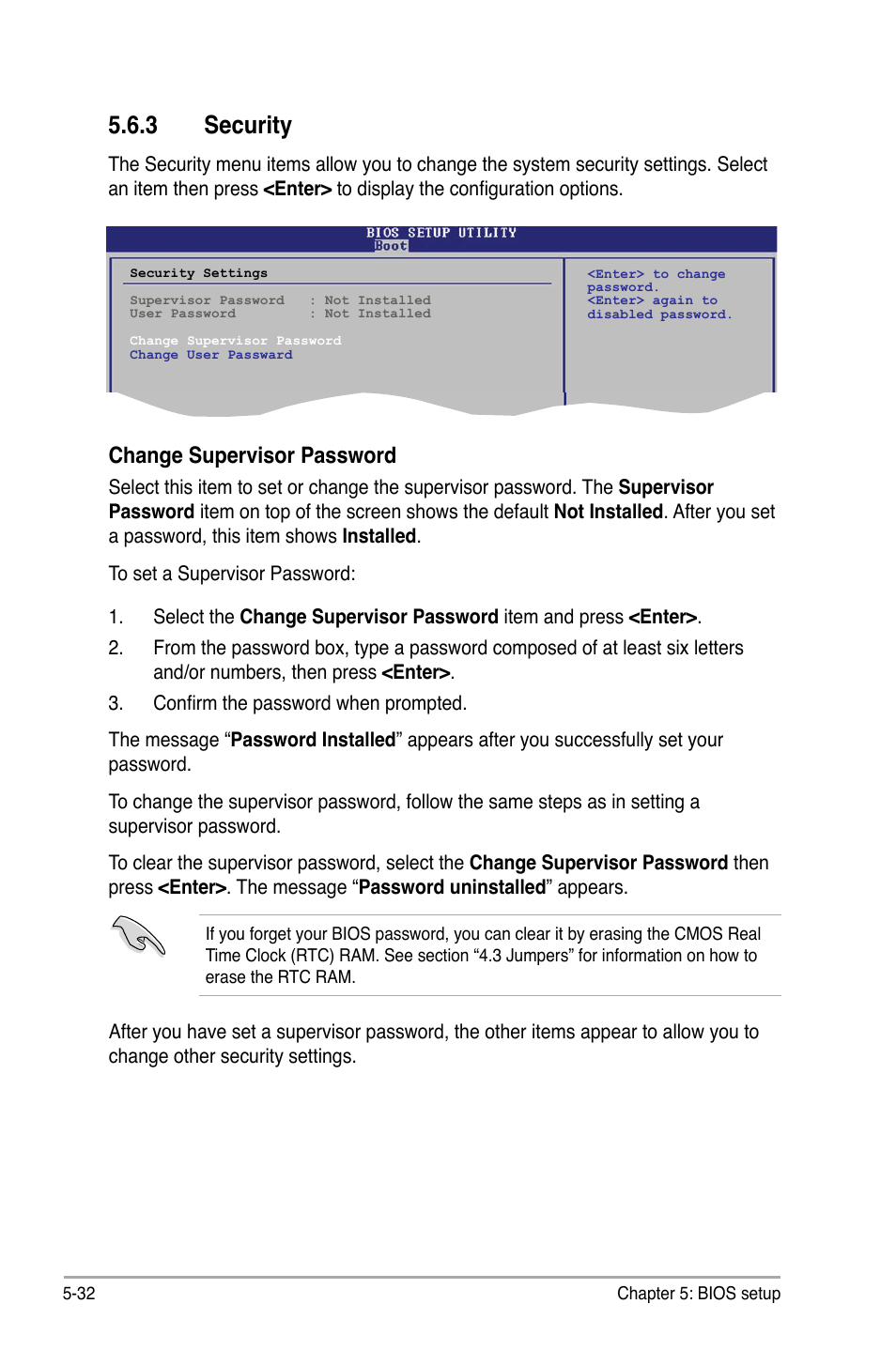 3 security, Change supervisor password | Asus V4-P5G43 User Manual | Page 104 / 110