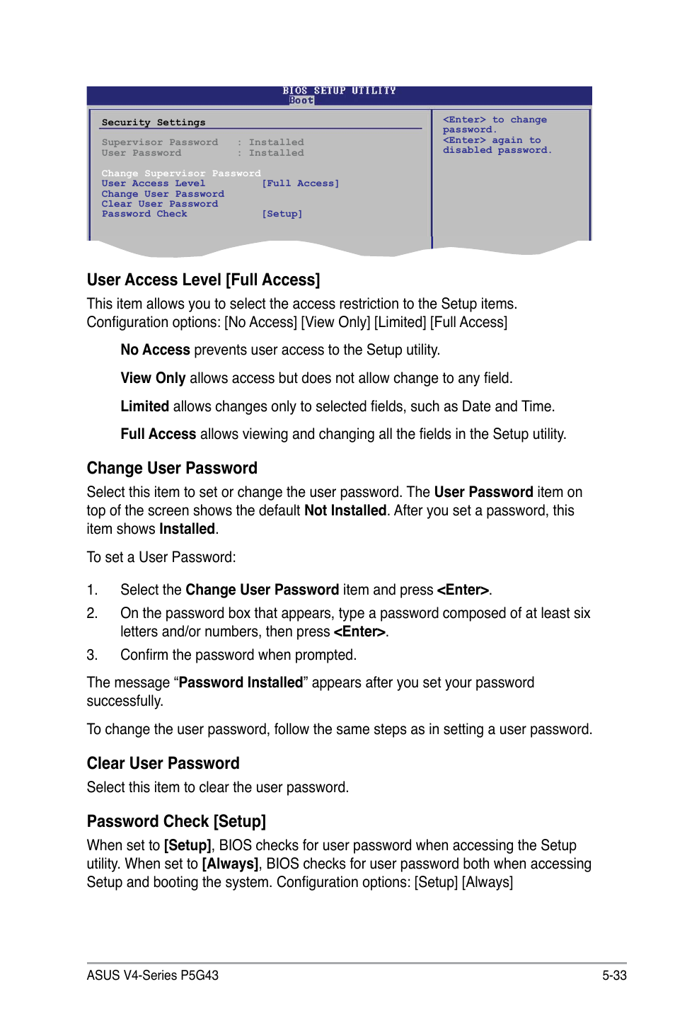 User access level [full access, Change user password, Clear user password | Password check [setup | Asus V4-P5G43 User Manual | Page 105 / 110