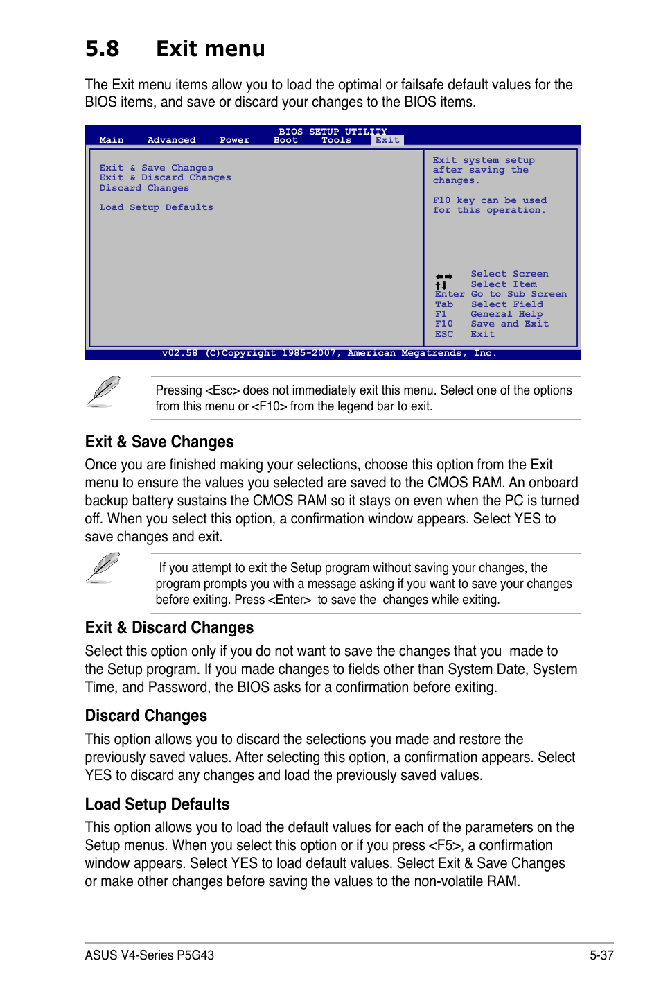 8 exit menu, Exit & save changes, Exit & discard changes | Discard changes, Load setup defaults | Asus V4-P5G43 User Manual | Page 109 / 110