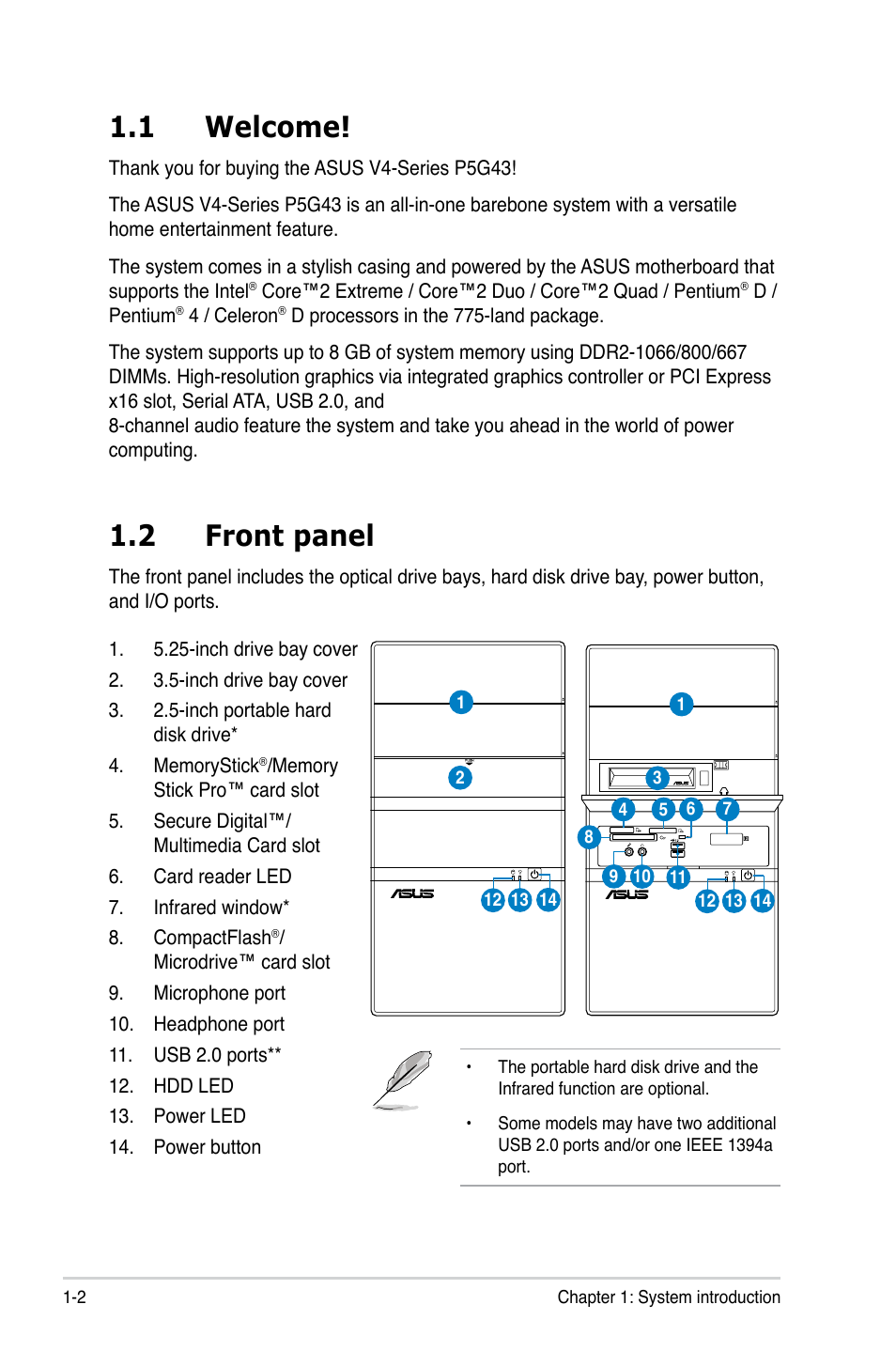 2 front panel, 1 welcome | Asus V4-P5G43 User Manual | Page 14 / 110