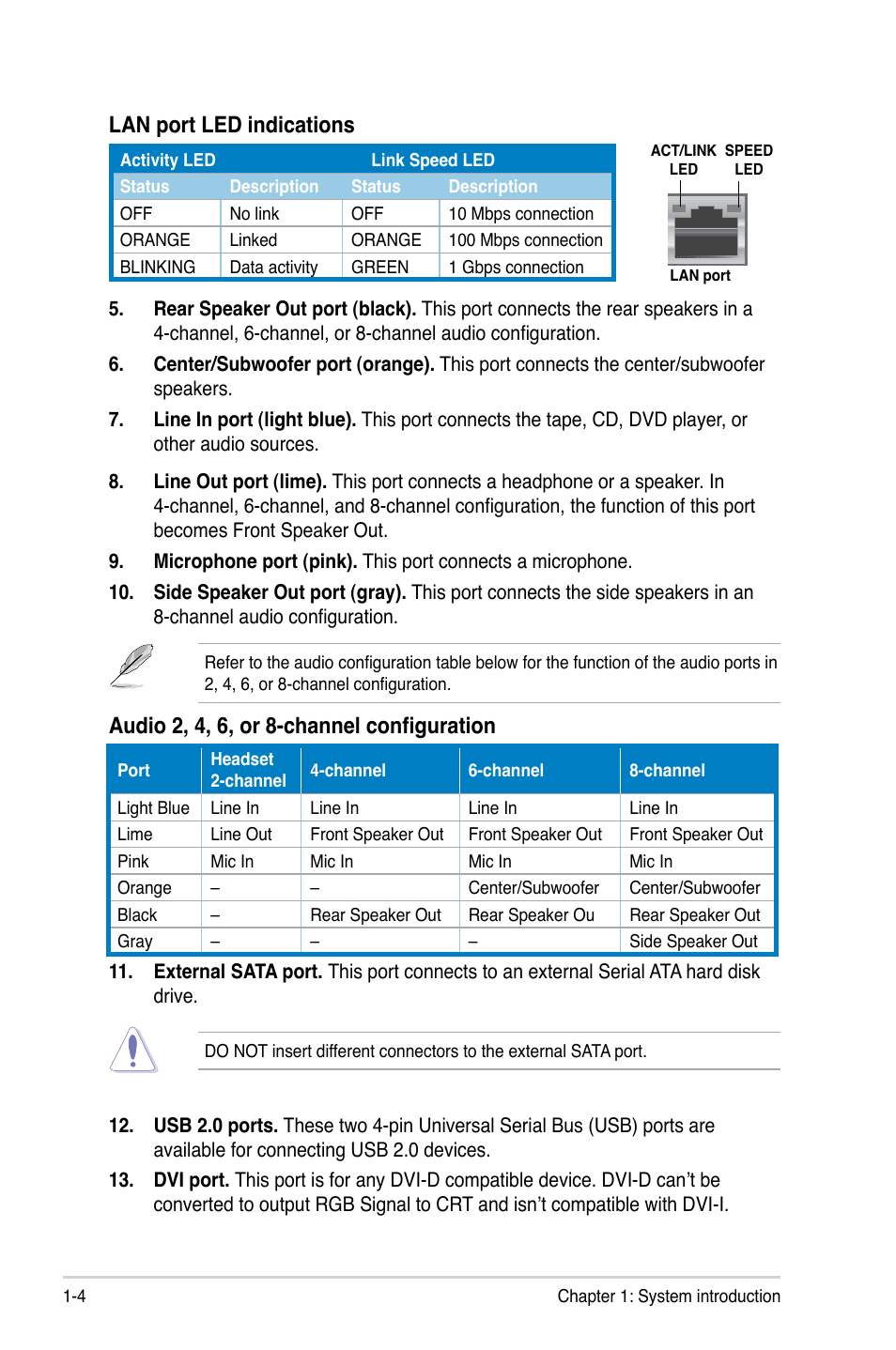 Lan port led indications, Audio 2, 4, 6, or 8-channel configuration | Asus V4-P5G43 User Manual | Page 16 / 110