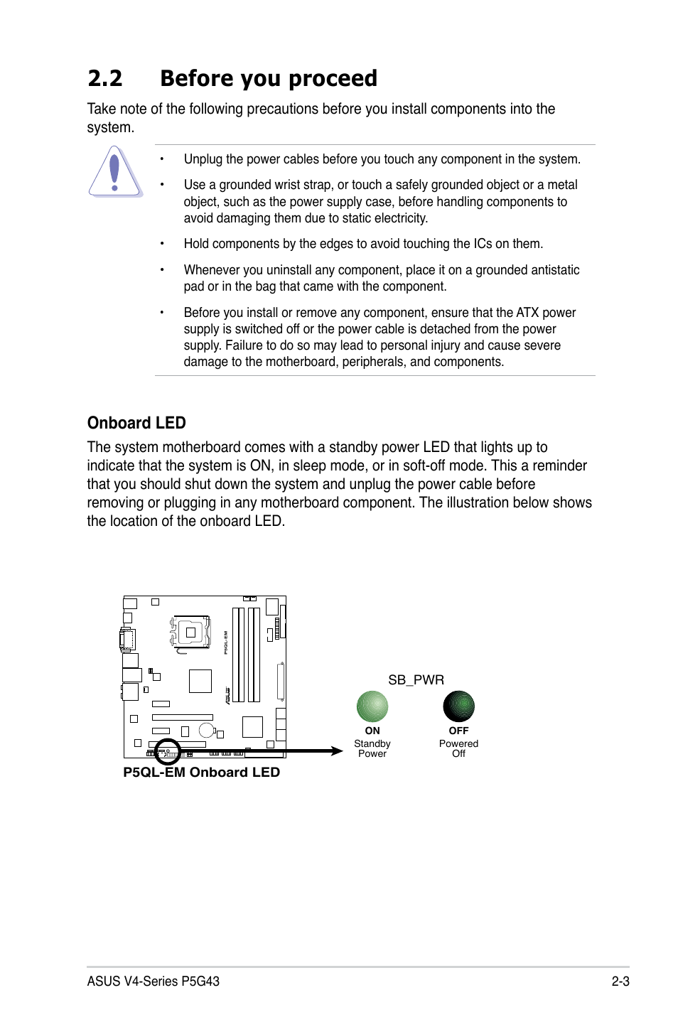 2 before you proceed, Onboard led | Asus V4-P5G43 User Manual | Page 21 / 110