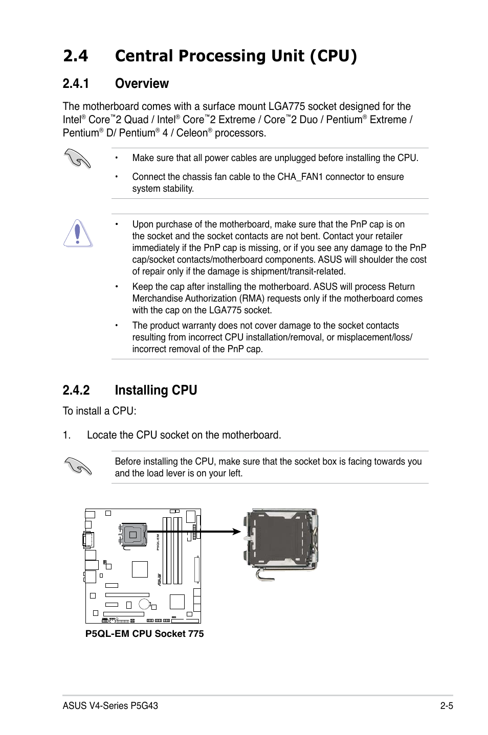 4 central processing unit (cpu), 1 overview 2.4.2 installing cpu | Asus V4-P5G43 User Manual | Page 23 / 110