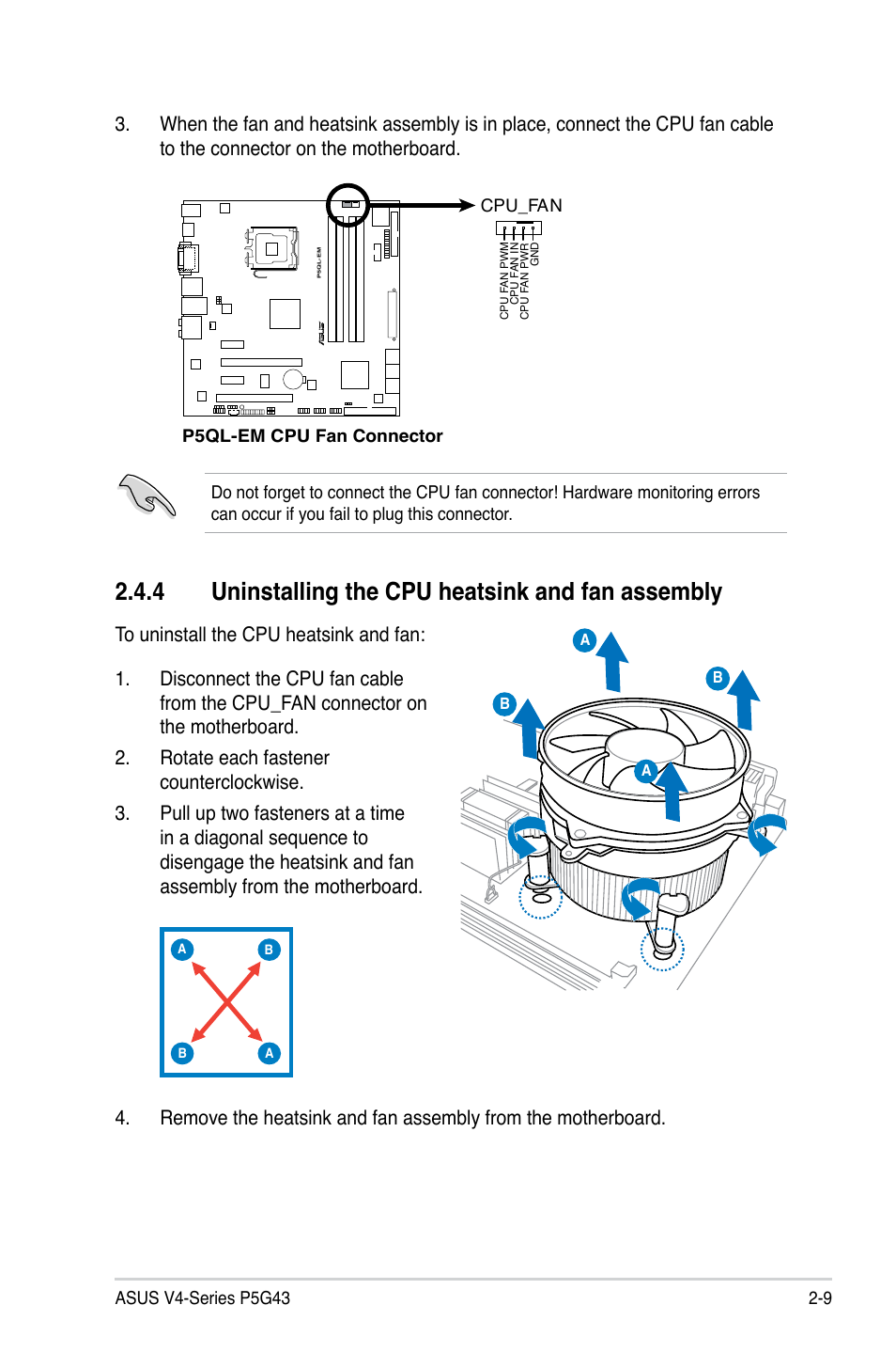 4 uninstalling the cpu heatsink and fan assembly | Asus V4-P5G43 User Manual | Page 27 / 110