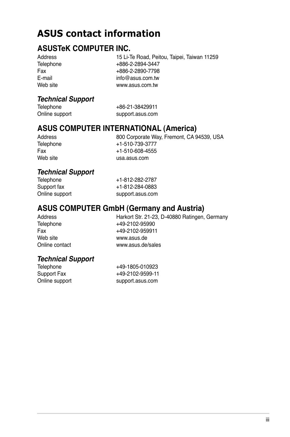 Asus contact information, Asustek computer inc, Asus computer international (america) | Asus computer gmbh (germany and austria), Technical support | Asus V4-P5G43 User Manual | Page 3 / 110