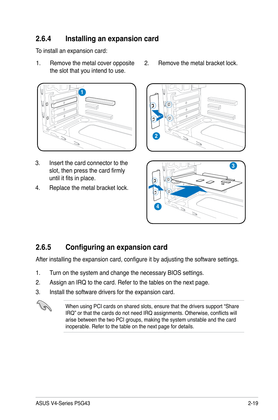 4 installing an expansion card, 5 configuring an expansion card | Asus V4-P5G43 User Manual | Page 37 / 110