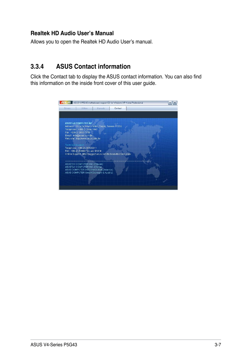 4 asus contact information | Asus V4-P5G43 User Manual | Page 49 / 110