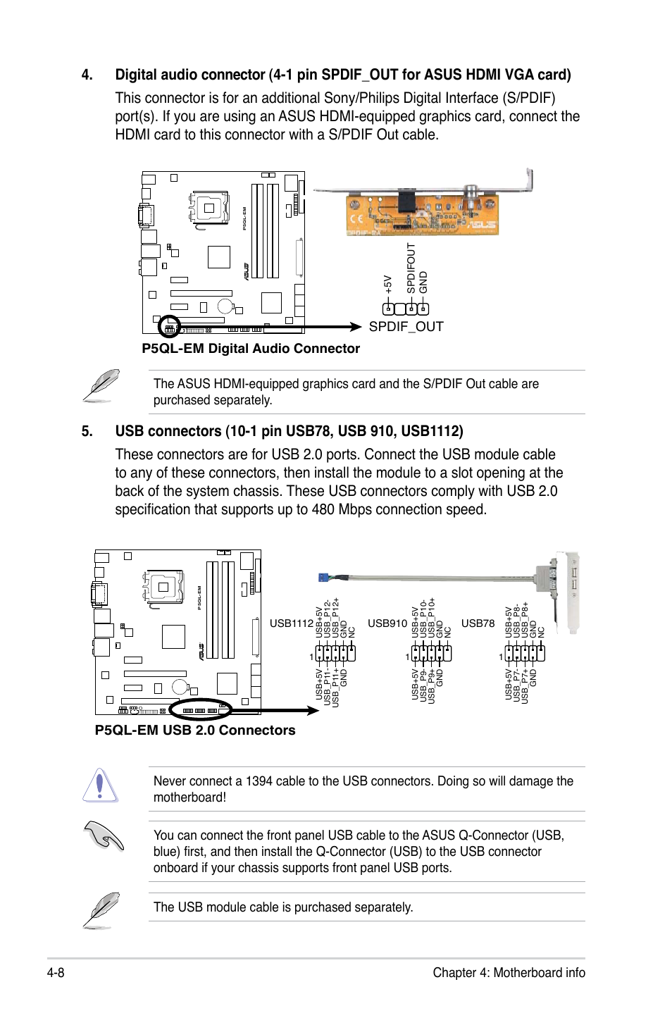 8 chapter 4: motherboard info, P5ql-em usb 2.0 connectors, P5ql-em digital audio connector | Spdif_out | Asus V4-P5G43 User Manual | Page 66 / 110