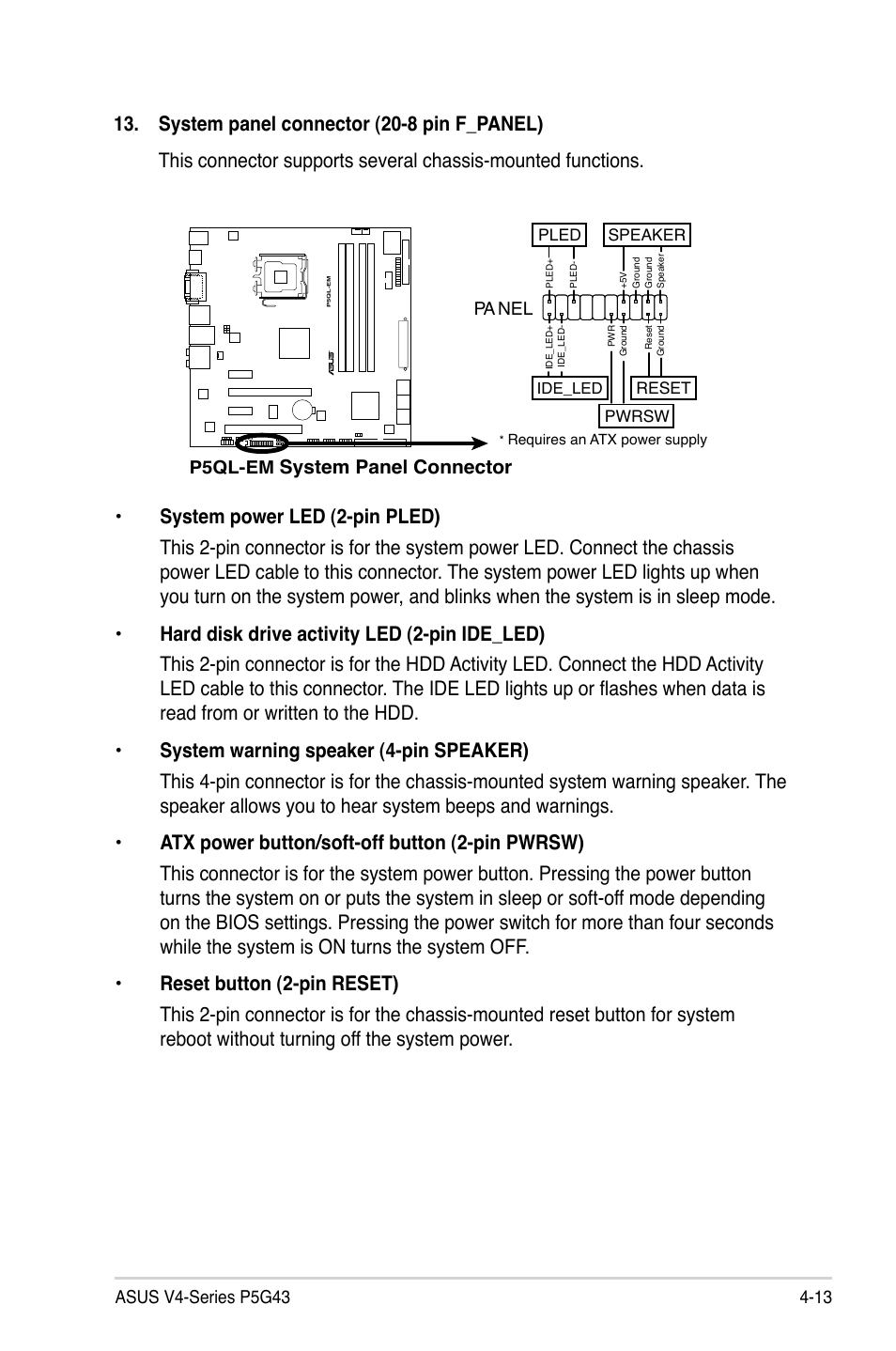 System panel connector | Asus V4-P5G43 User Manual | Page 71 / 110