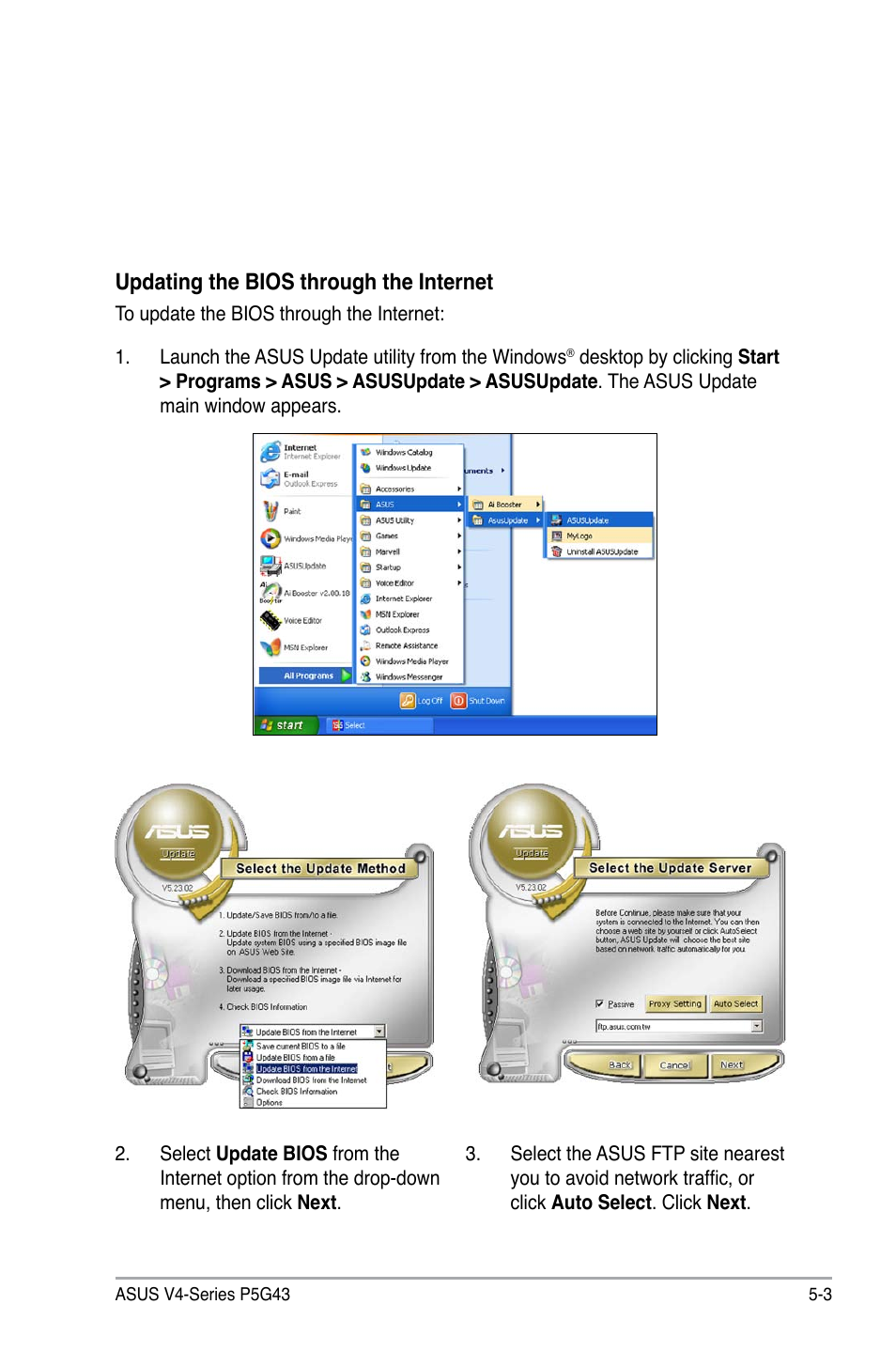 Updating the bios through the internet | Asus V4-P5G43 User Manual | Page 75 / 110