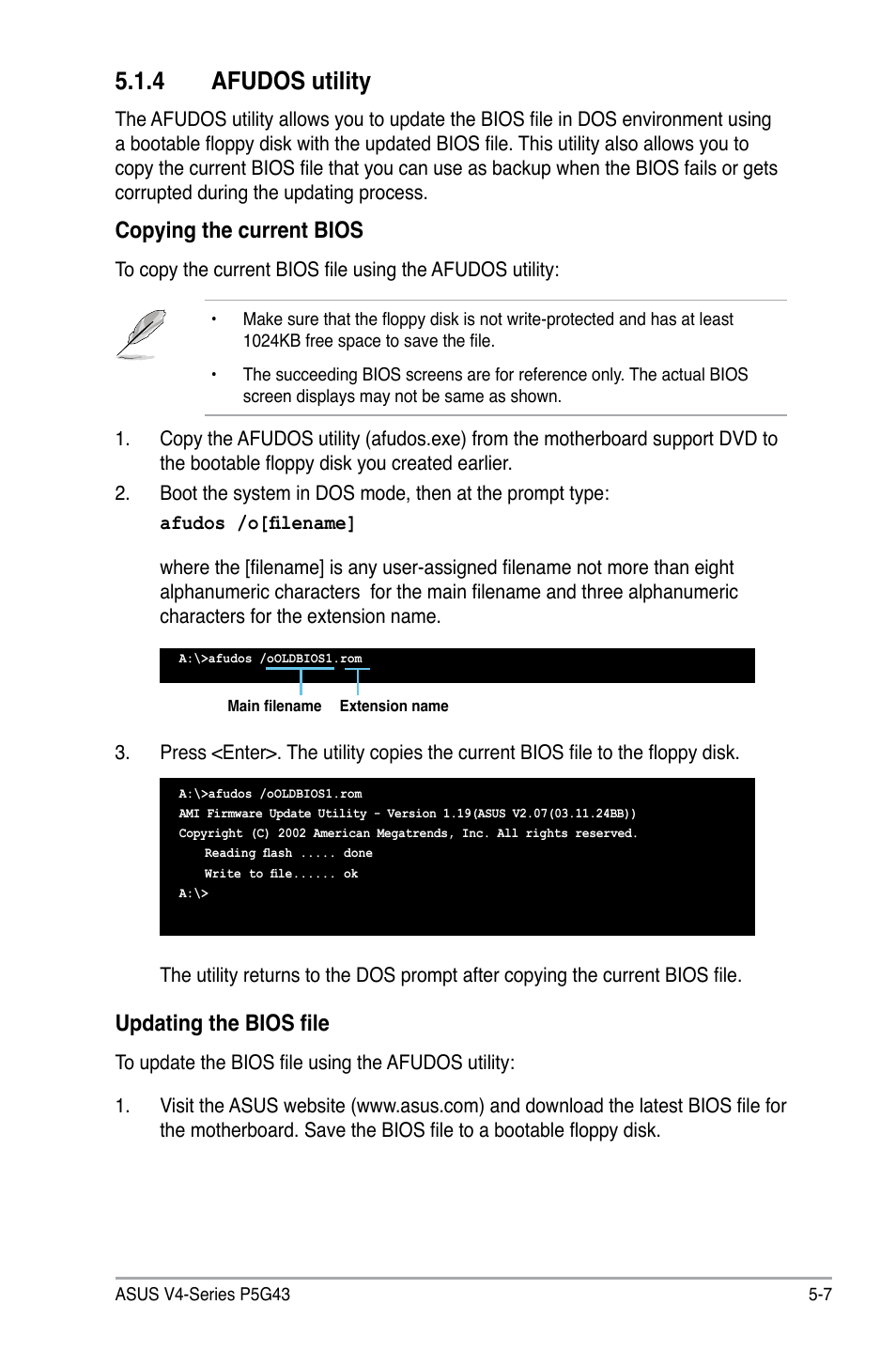 4 afudos utility, Copying the current bios, Updating the bios file | Asus V4-P5G43 User Manual | Page 79 / 110