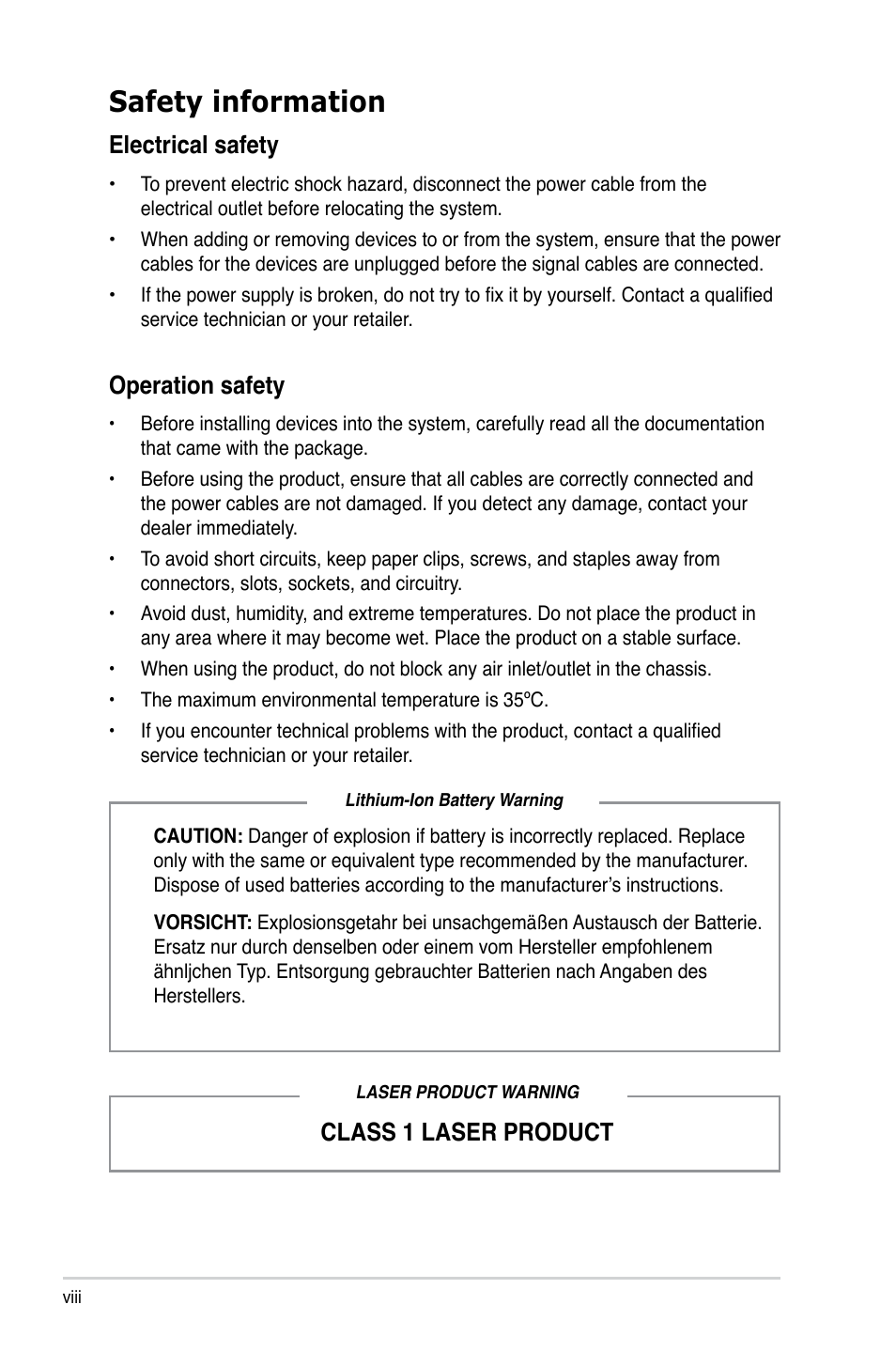 Safety information, Electrical safety, Class 1 laser product operation safety | Asus V4-P5G43 User Manual | Page 8 / 110